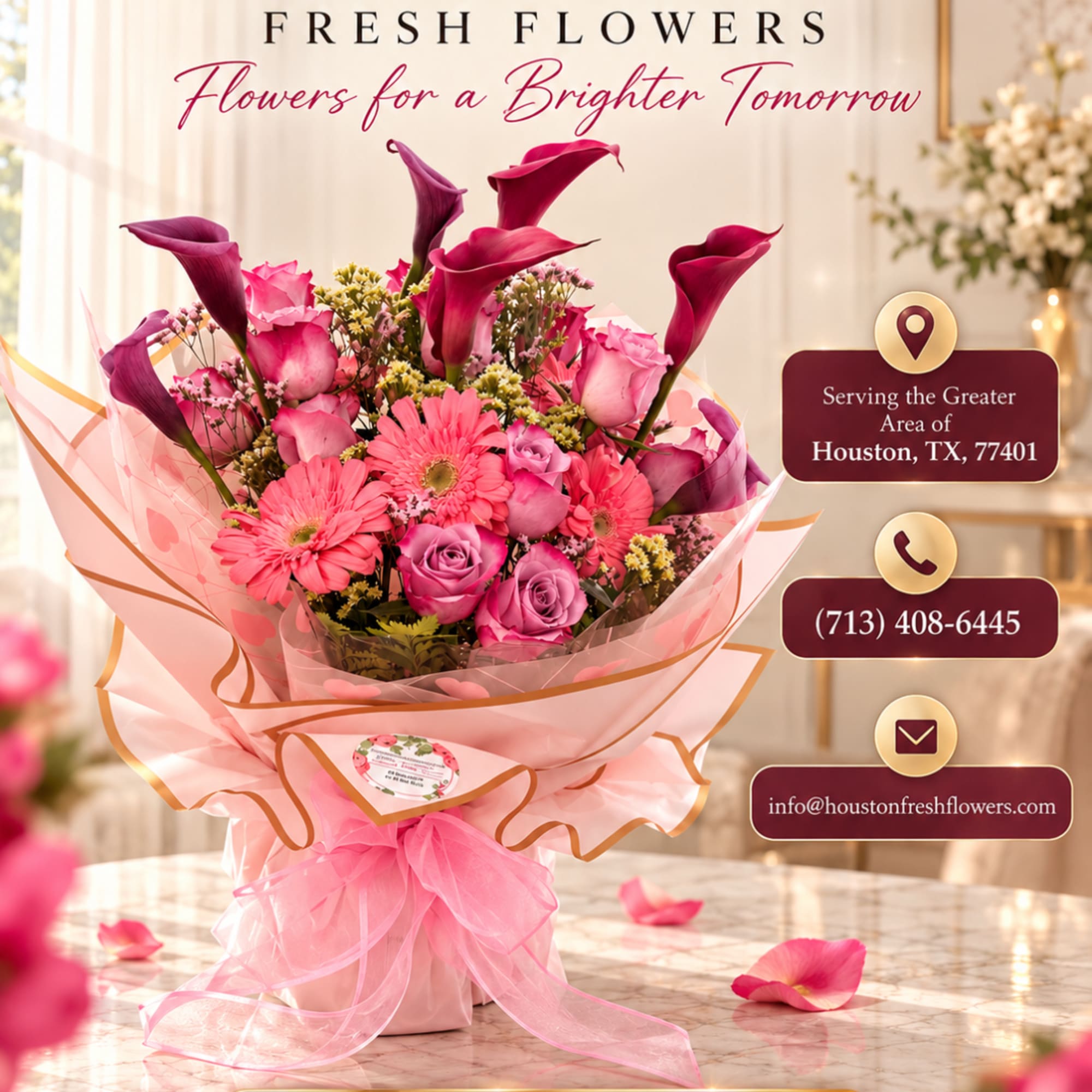 Pink bouquet with calla lilies, roses, and gerbera daisies in pink wrap