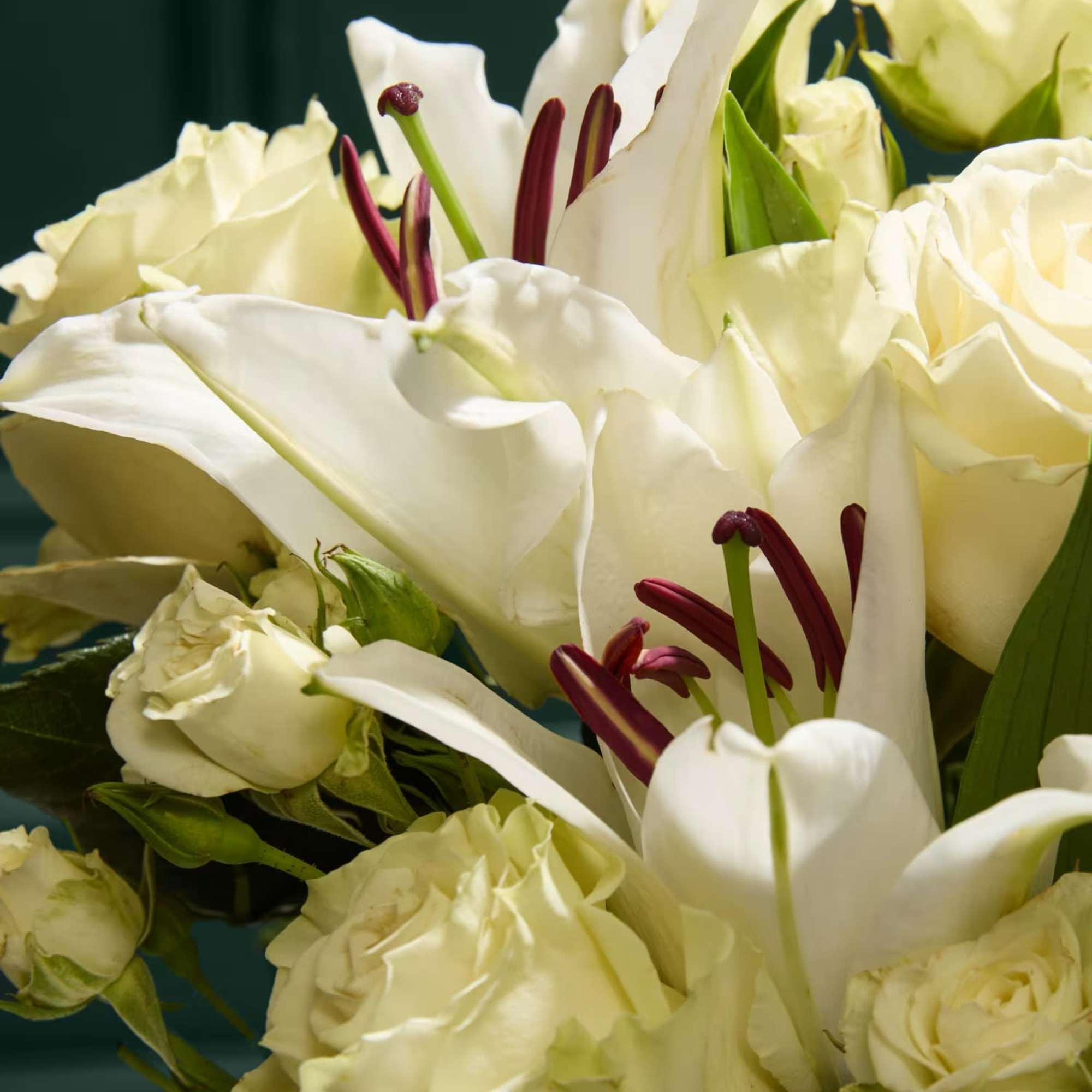 White roses and calla lilies in a close-up bouquet