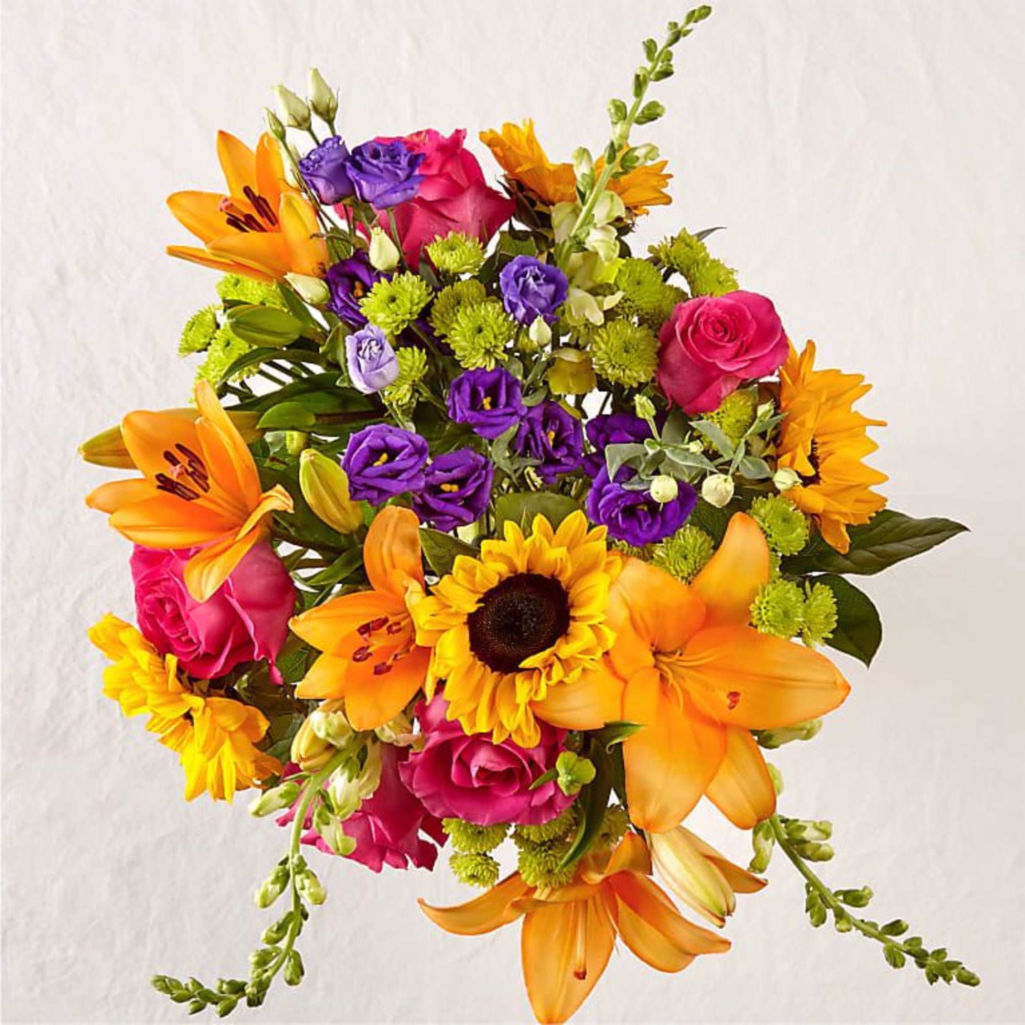 Colorful bouquet with orange lilies, pink roses, and purple blooms