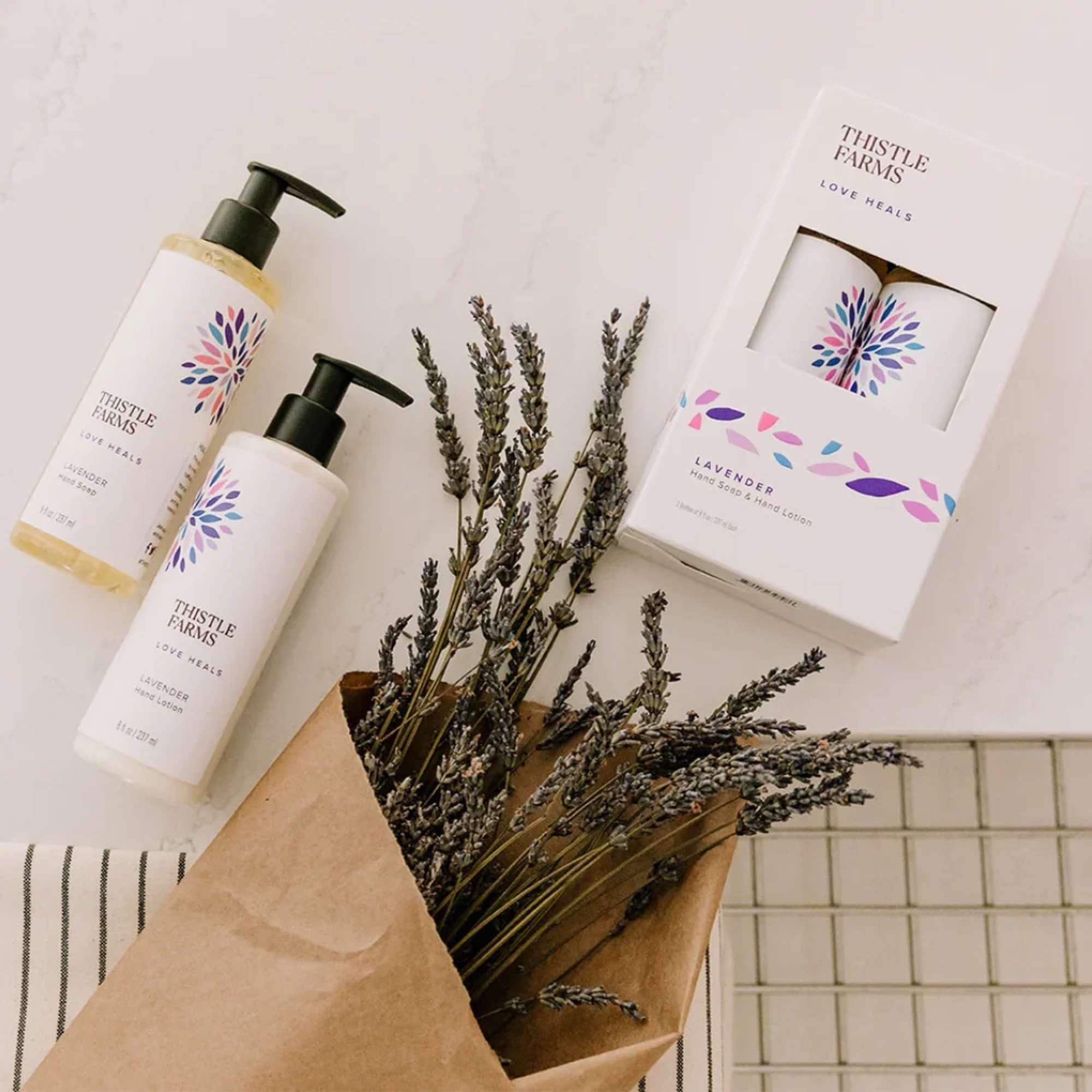 Lavender sprigs with hand soap and lotion gift set