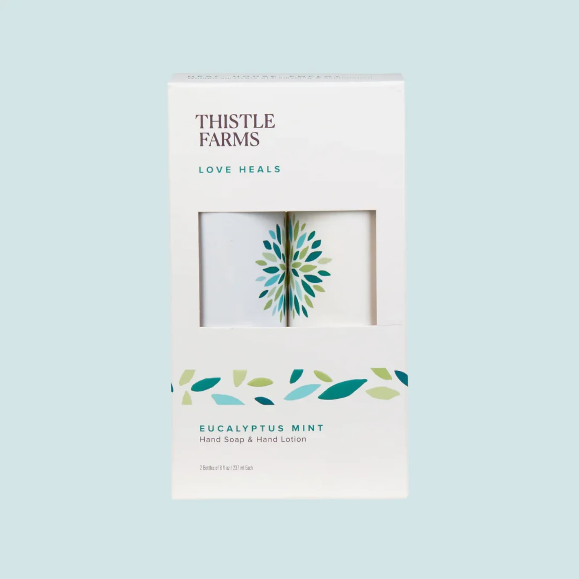 Boxed hand soap and lotion set with eucalyptus mint labeling