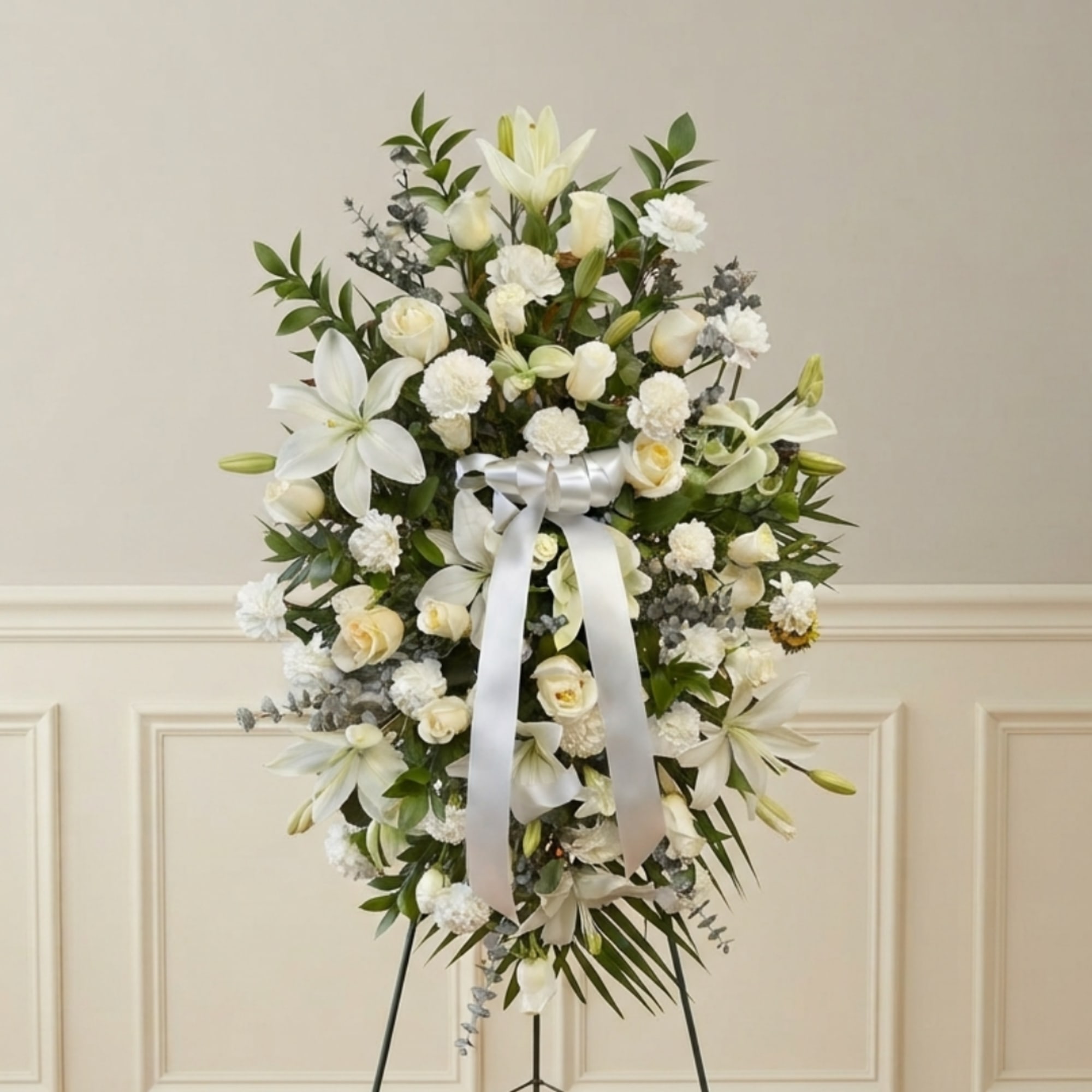 White floral standing wreath with a silver ribbon bow on an easel