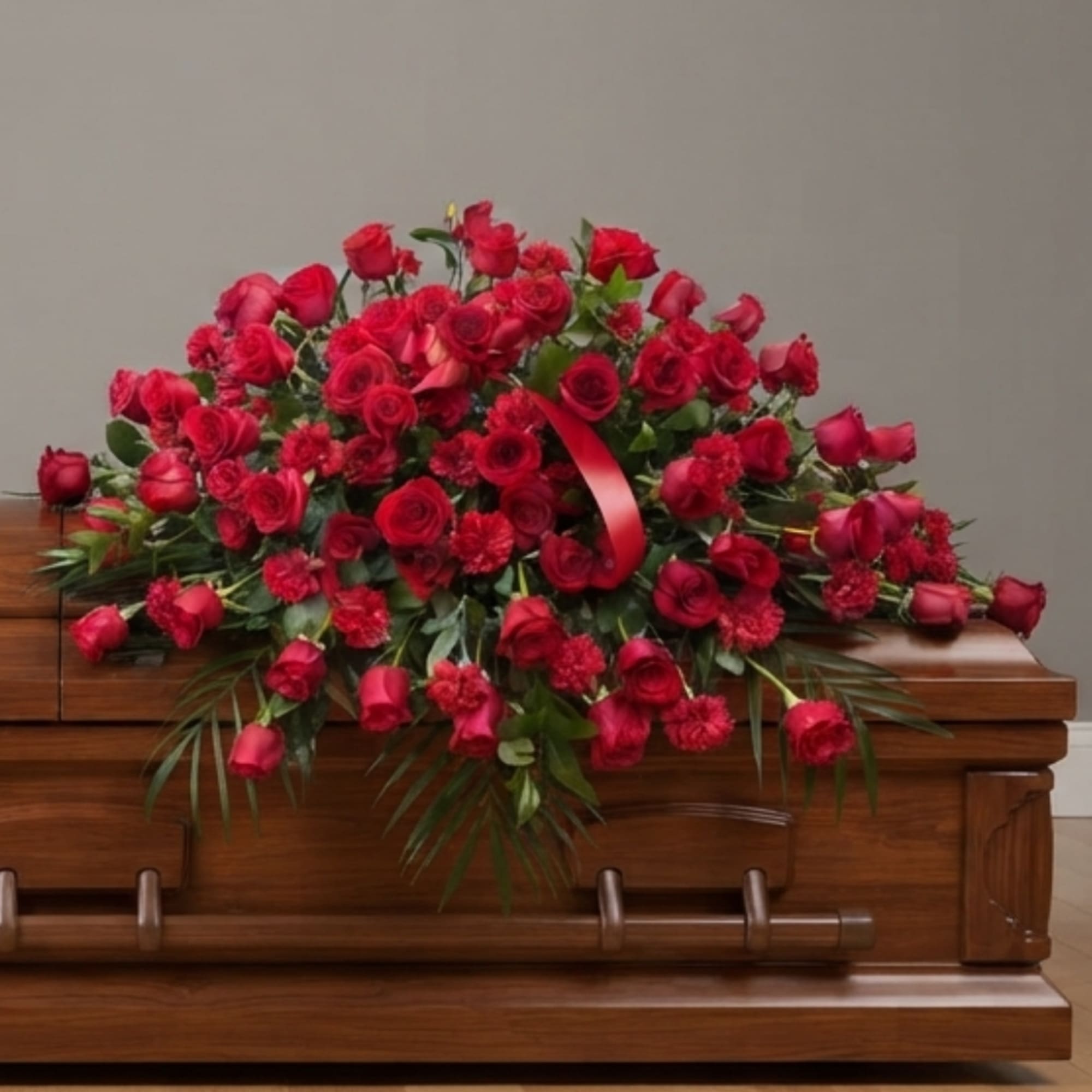 Red rose casket spray with a satin ribbon on a wooden casket