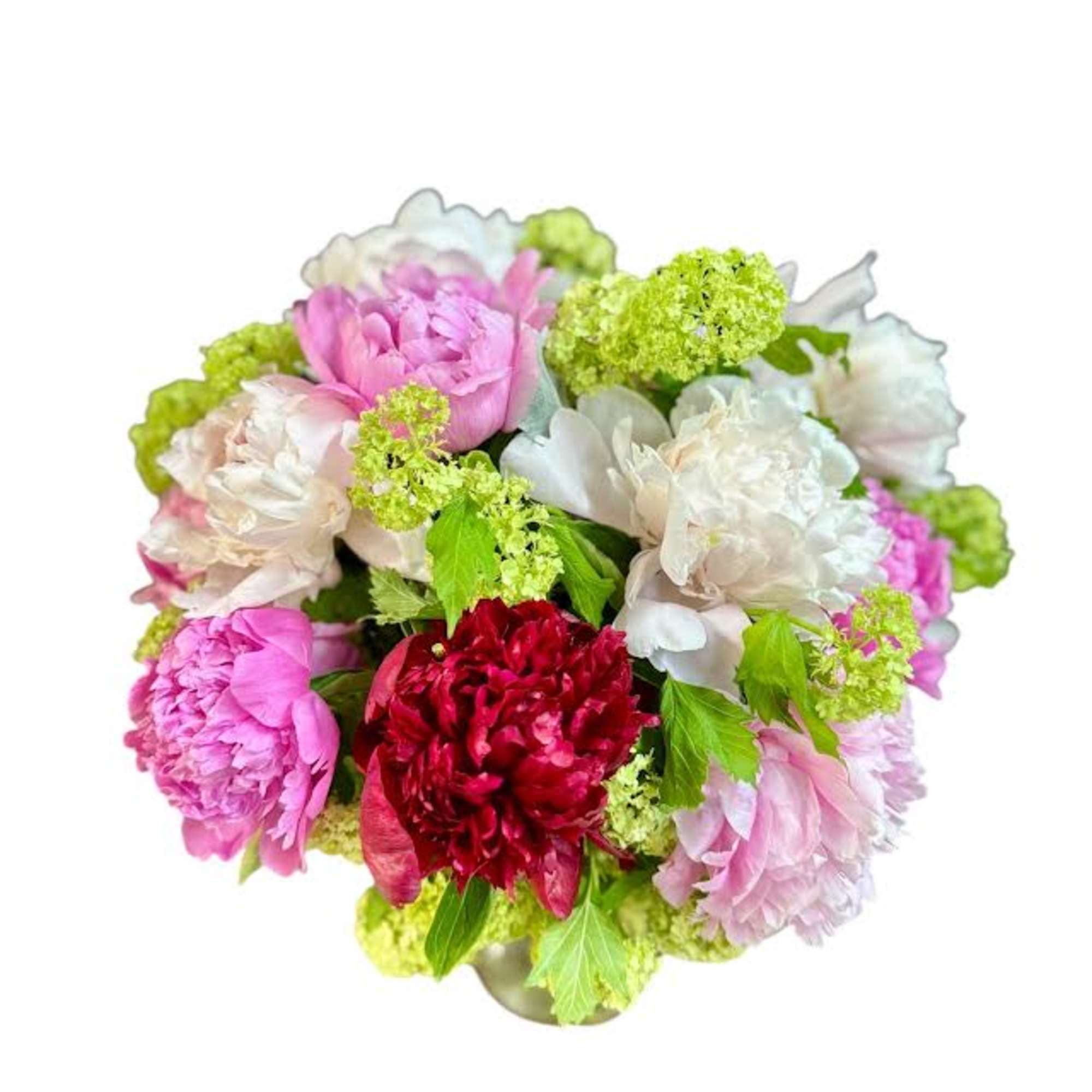 Bouquet of pink, white, and red flowers with green accents