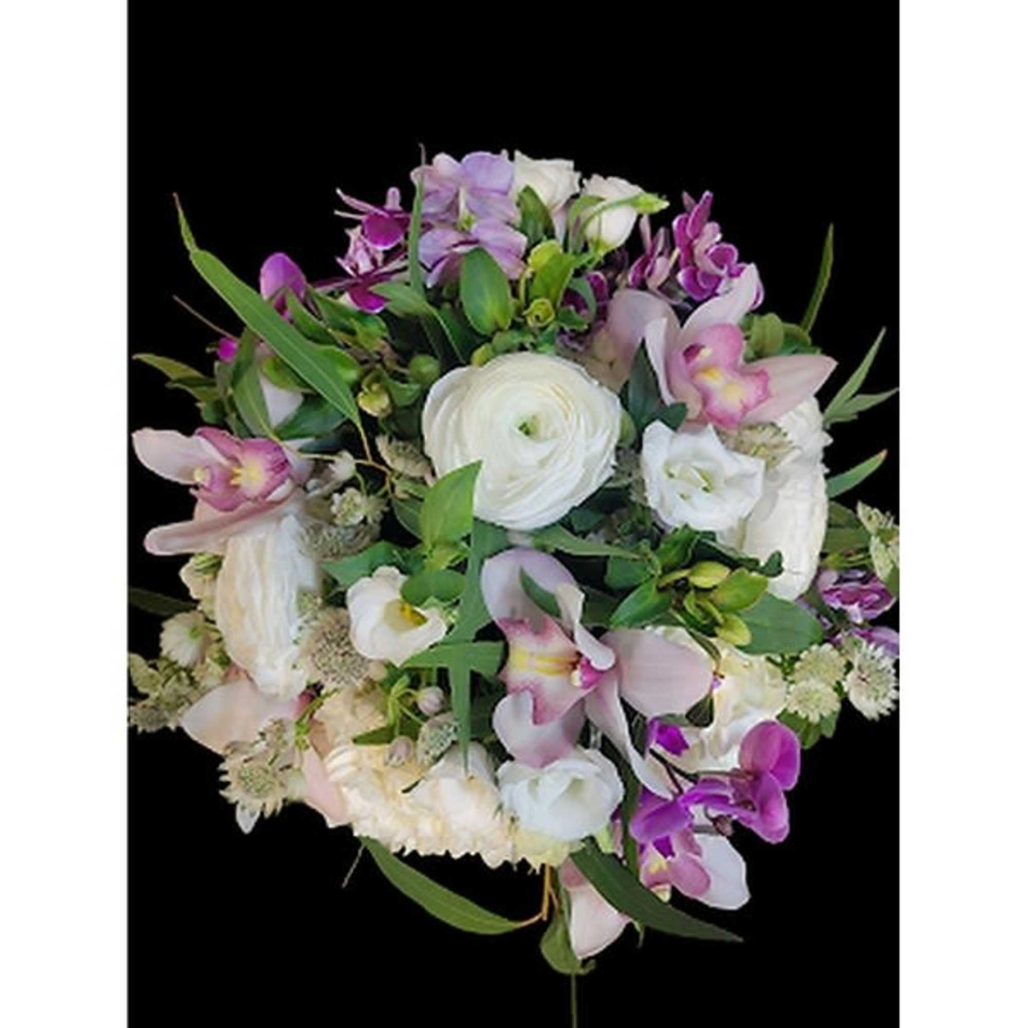Bouquet of white and pink flowers with purple orchids