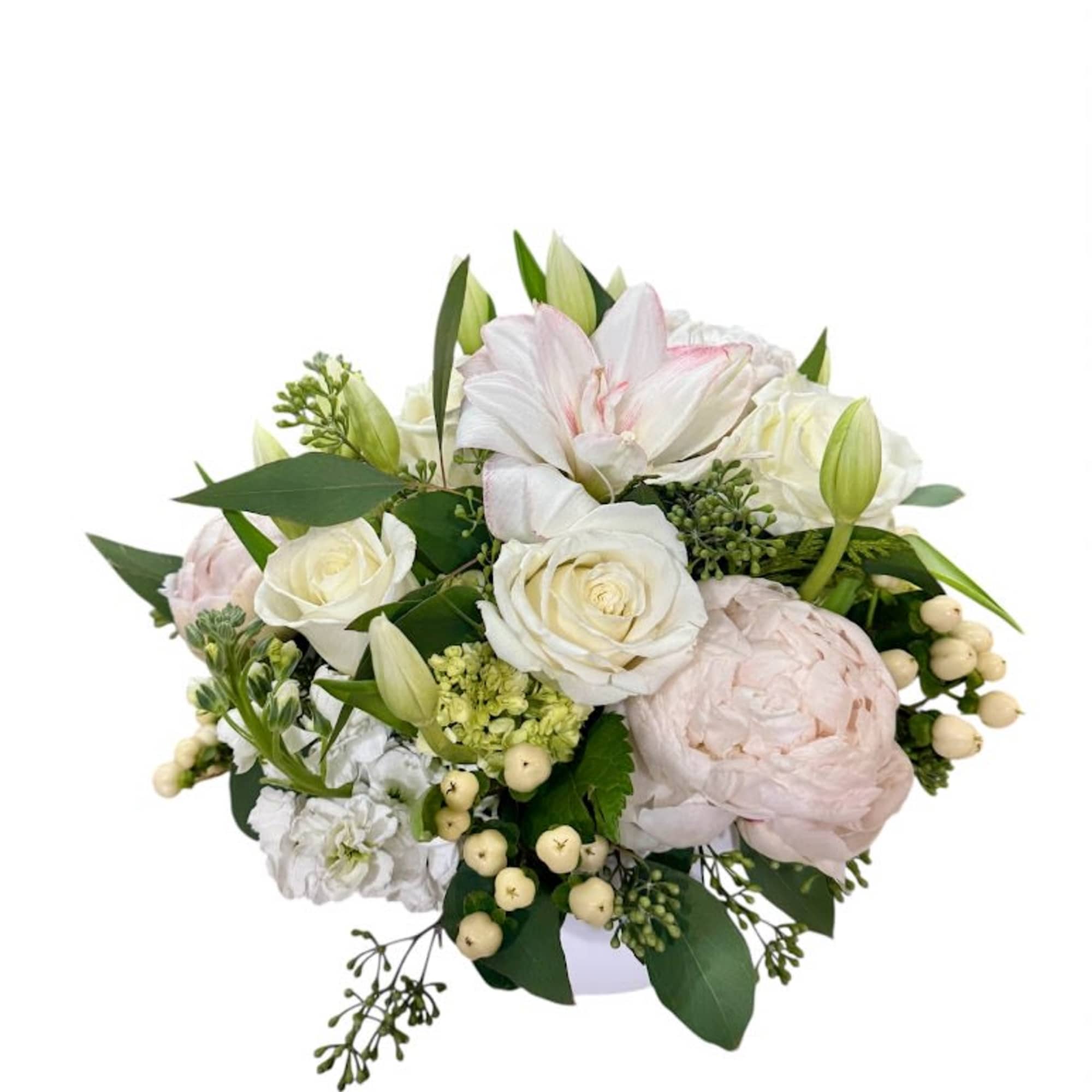 White and blush bouquet with roses, lilies, and peonies