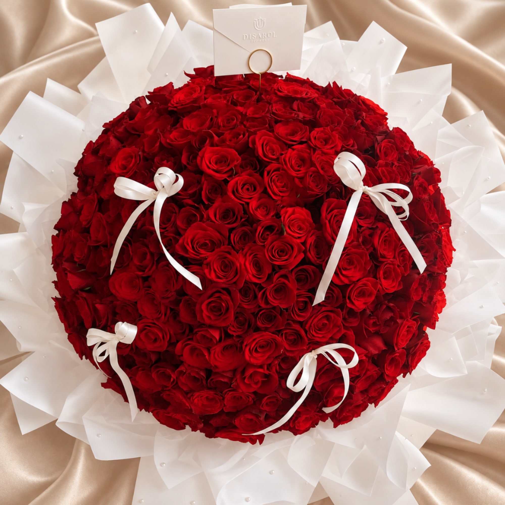 Large round bouquet of red roses with white ribbon bows and wrapping