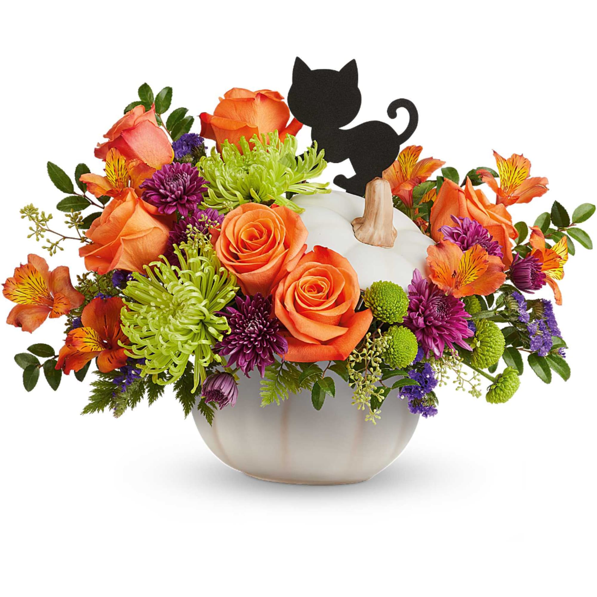Orange roses and mixed flowers in a white pumpkin vase with a cat pick