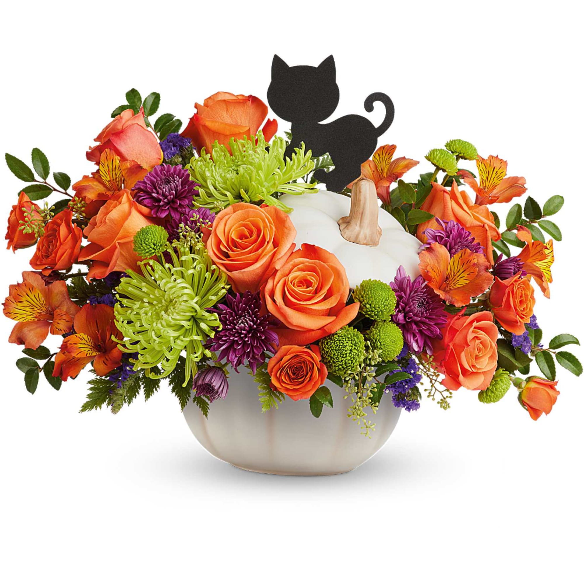 Orange and purple floral arrangement in a pumpkin-shaped vase with a cat topper