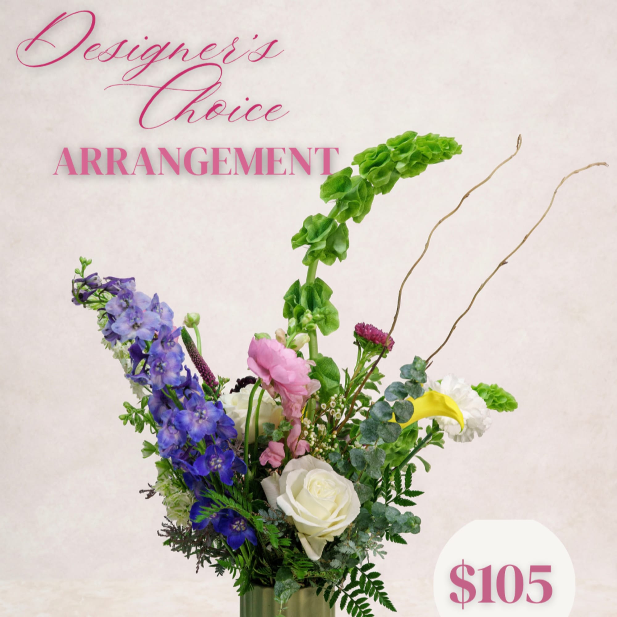 Mixed floral arrangement with blue, pink, white, and yellow blooms