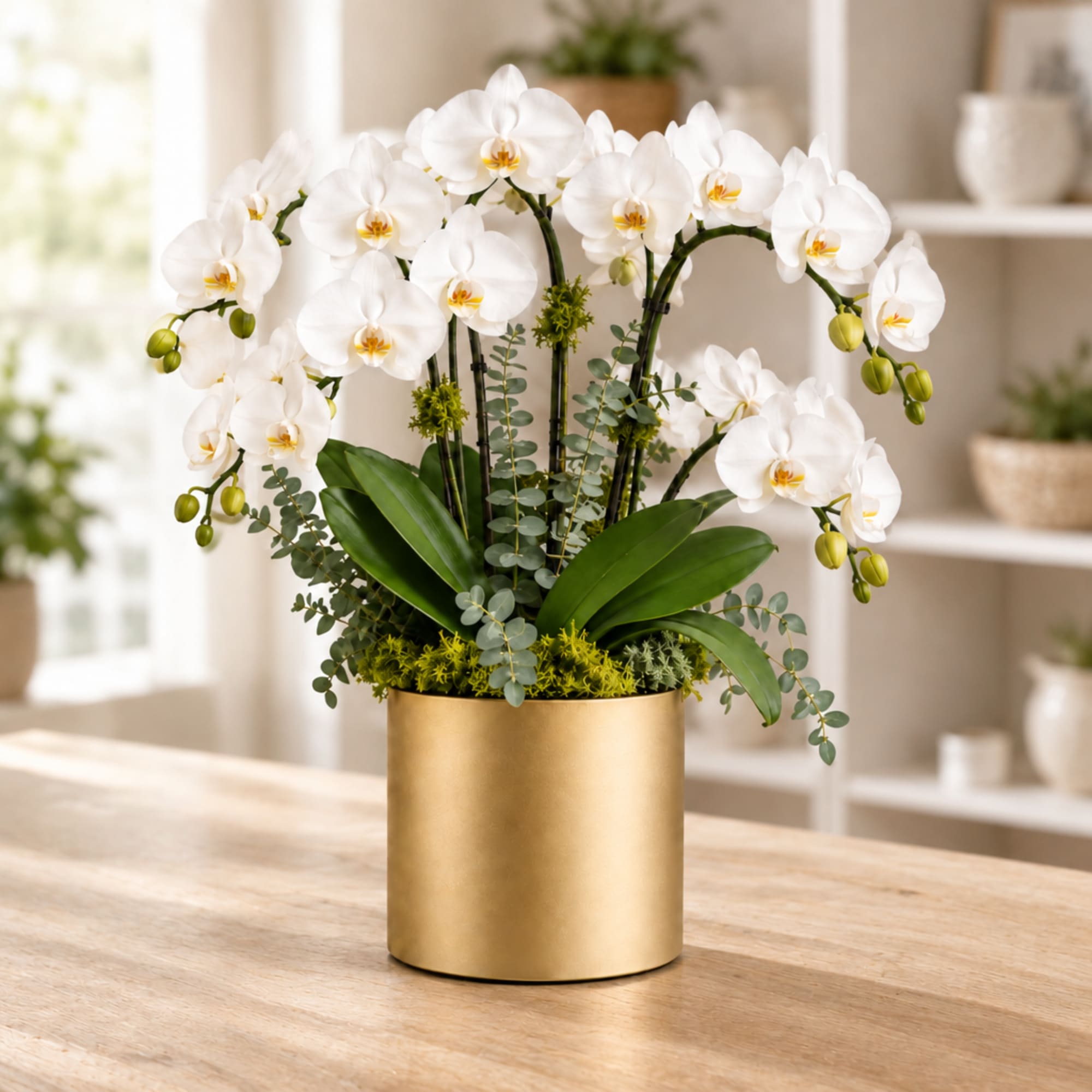 White orchid arrangement in a gold cylindrical vase