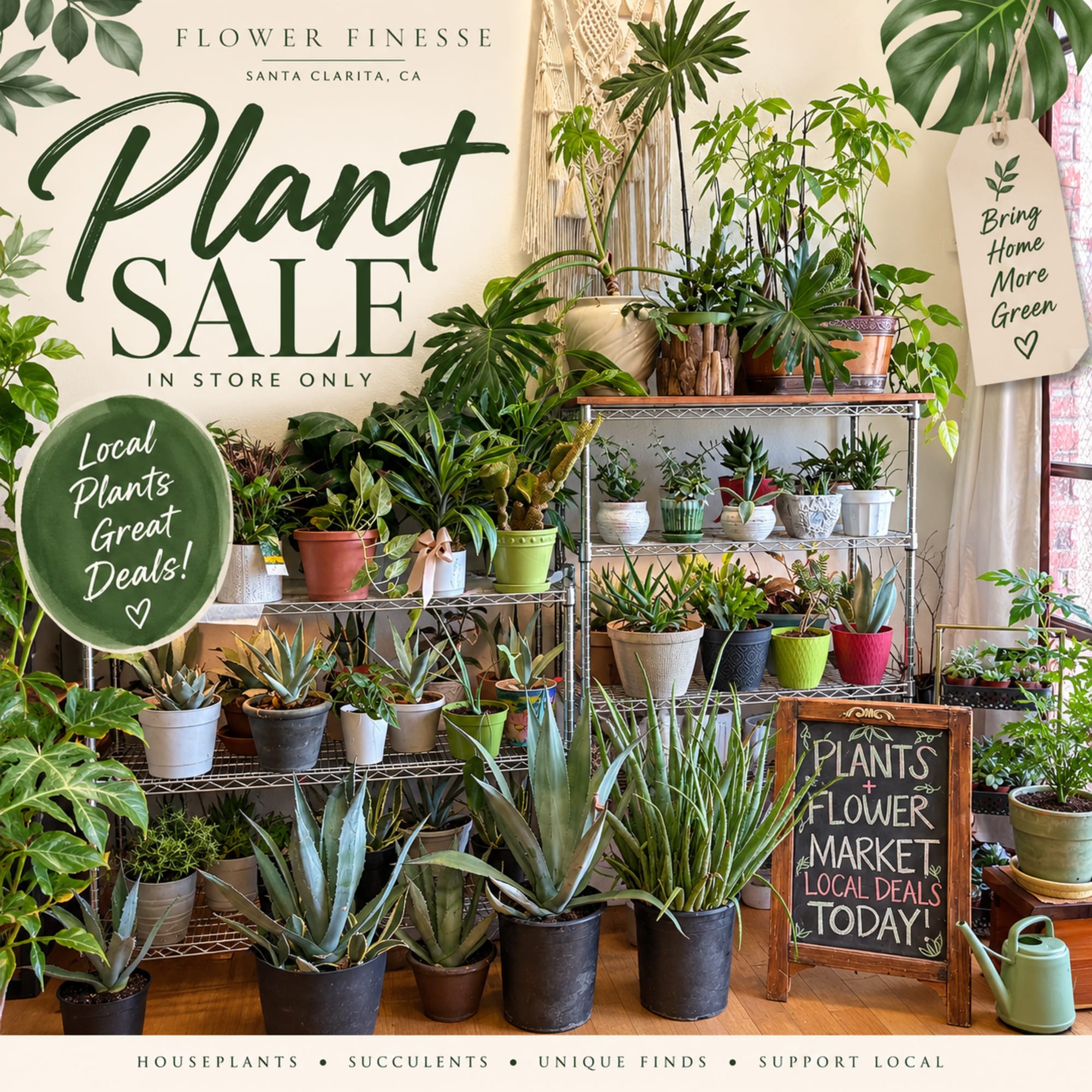 Assorted potted houseplants and succulents displayed with sale signs