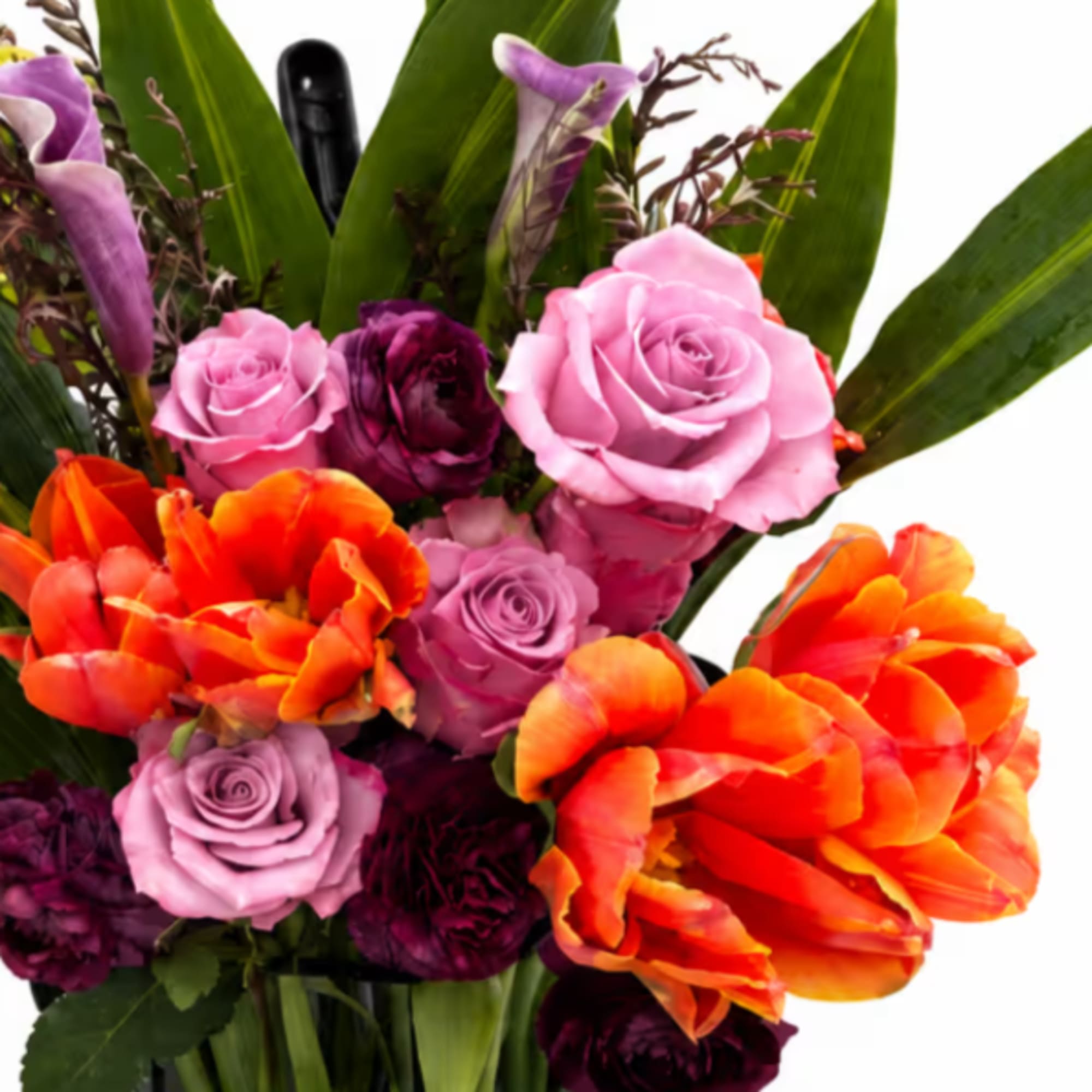 Bouquet of pink roses and orange tulips with purple accents
