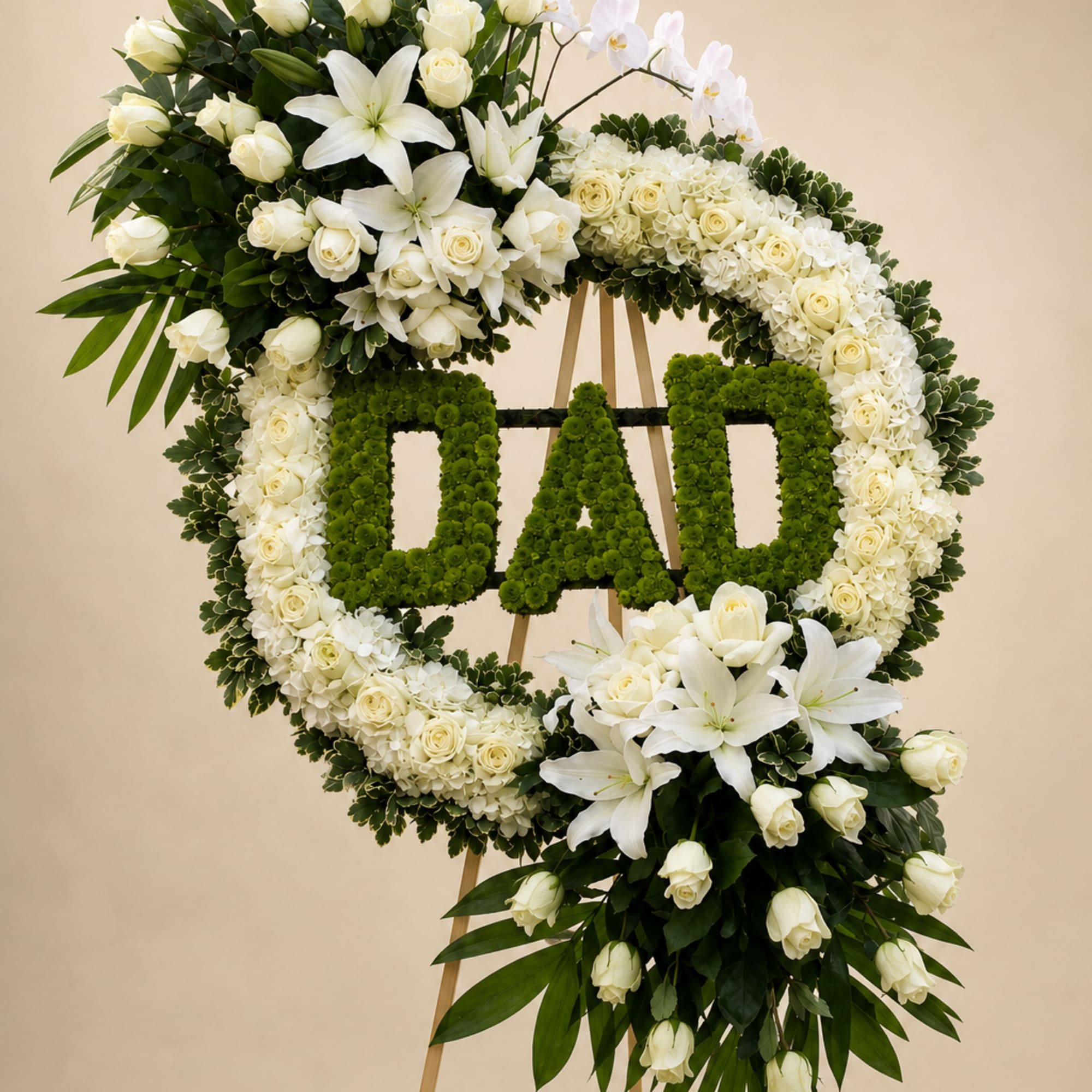 A dignified memorial wreath crafted in white and green for a father, photo 2 of 2