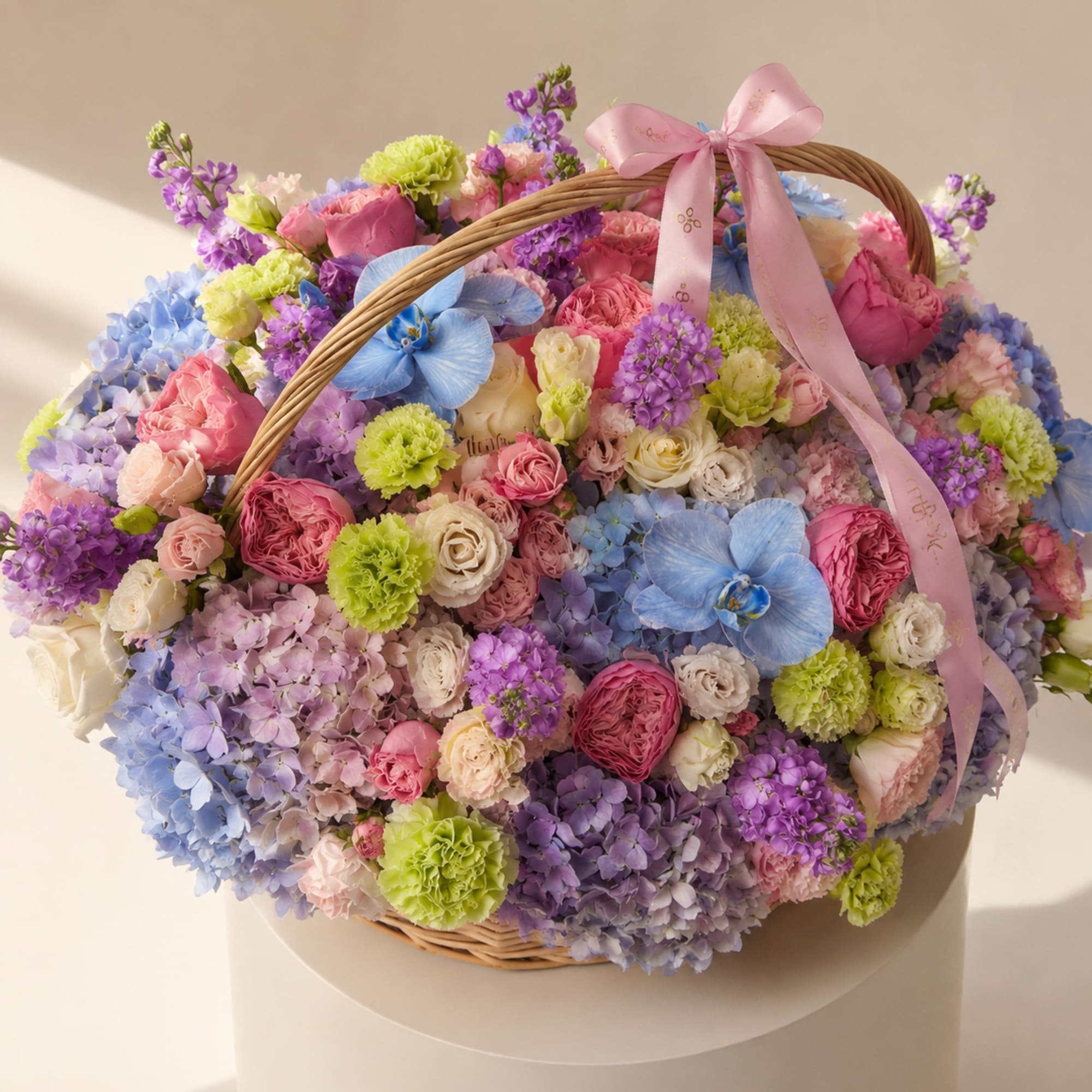 A soft, garden-fresh surprise arranged in a woven wicker basket with a, photo 2 of 3