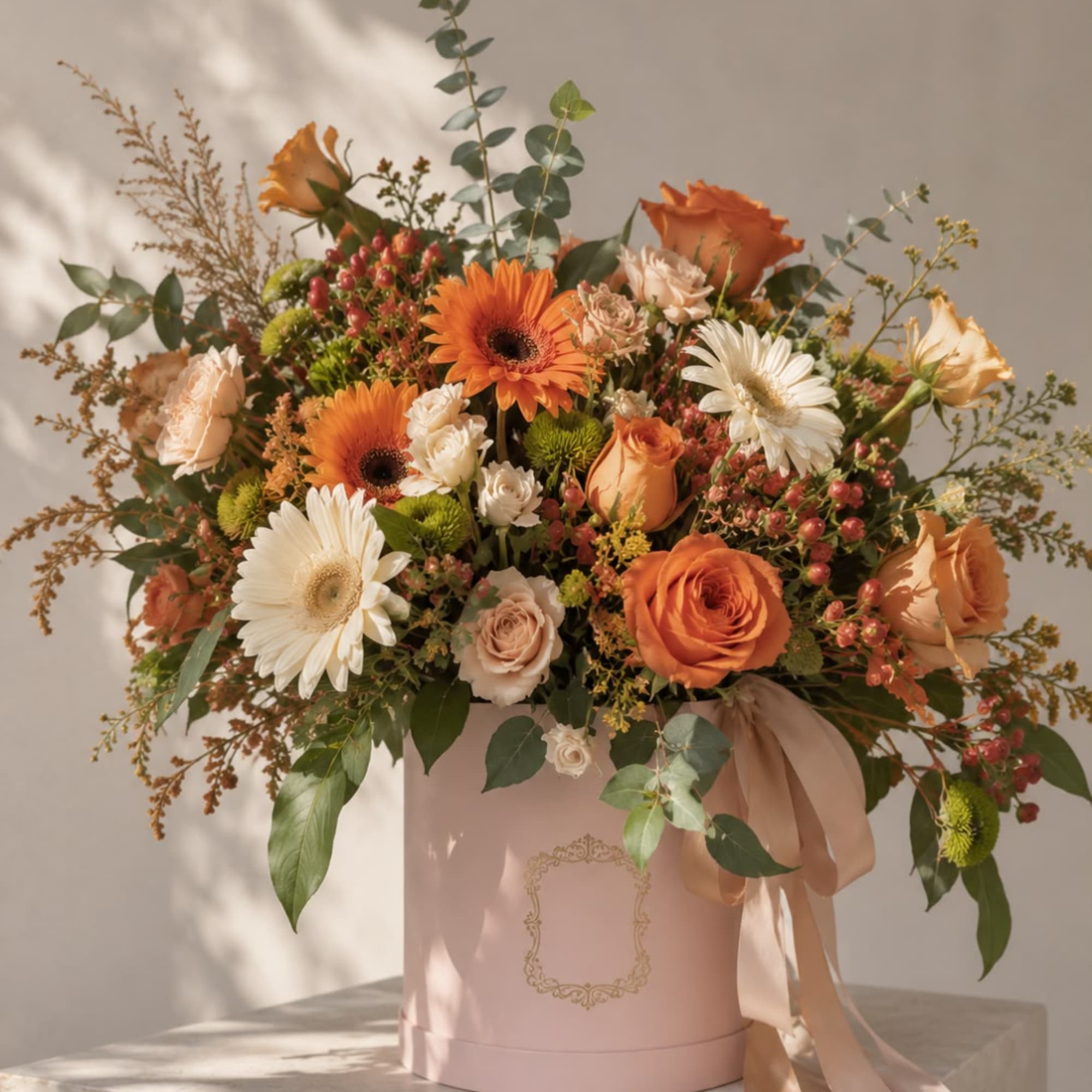 Orange and white mixed flower arrangement in a pink hat box with ribbon