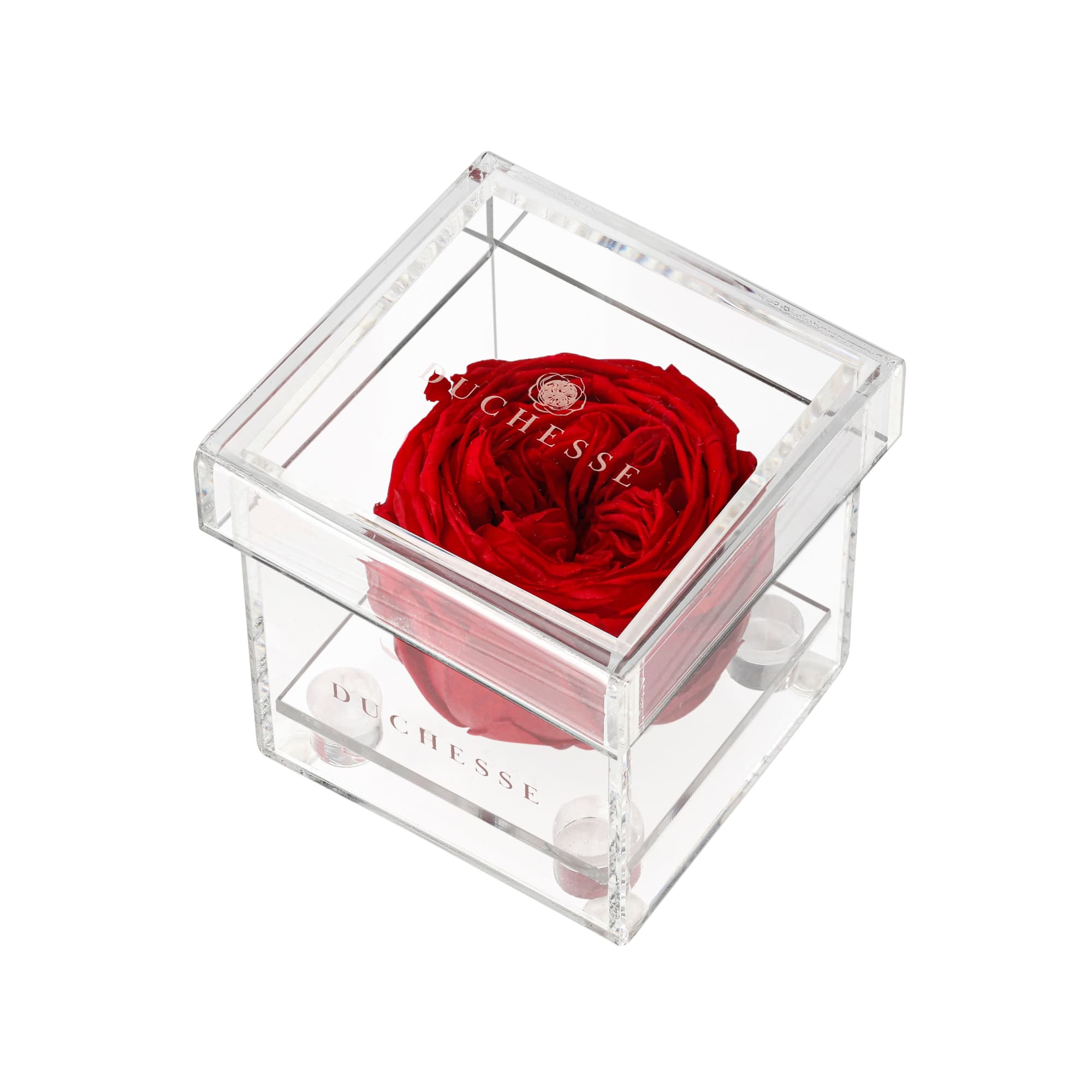 Single red rose in a clear acrylic box