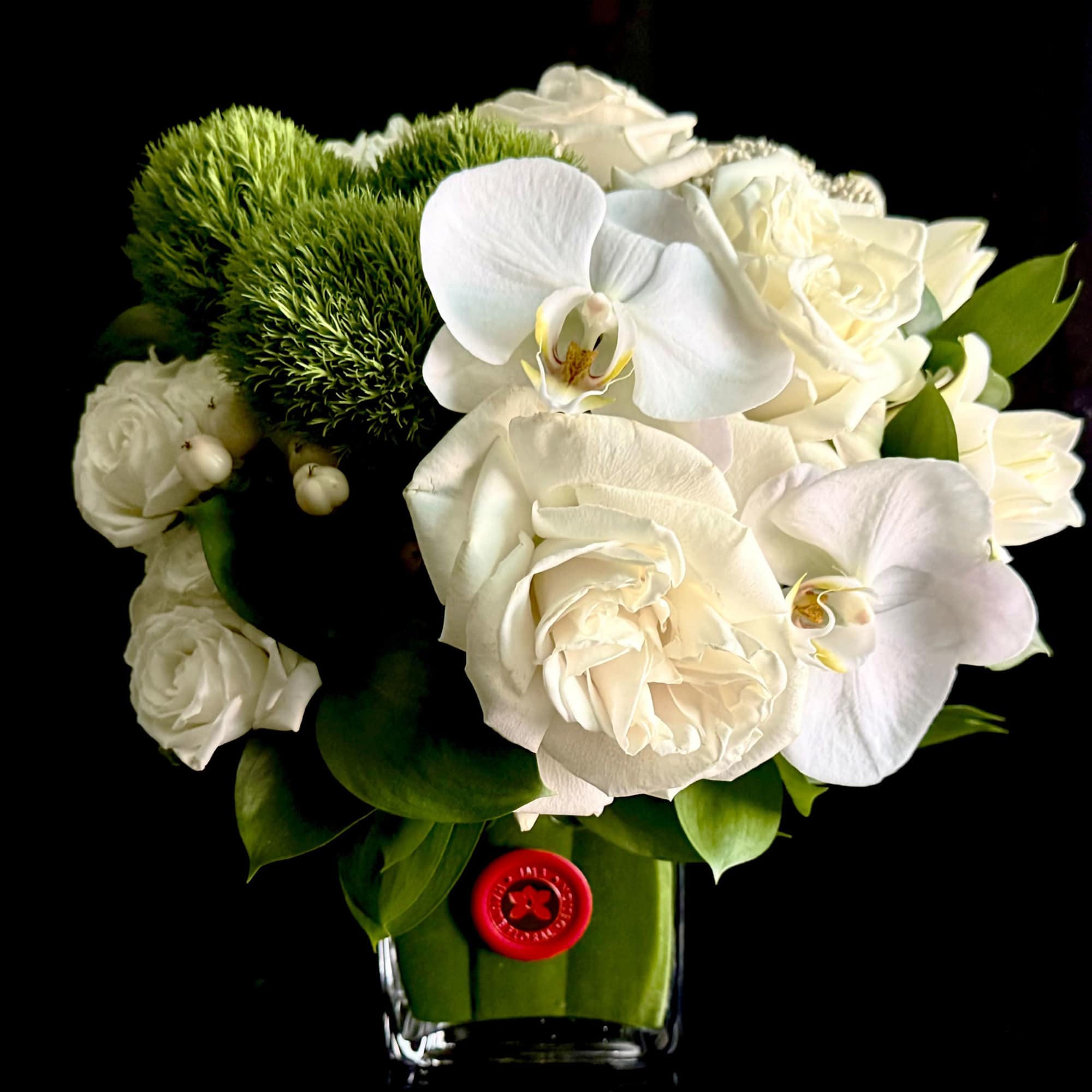 White and green accent floral in leaf lined glass vase available in, photo 2 of 2