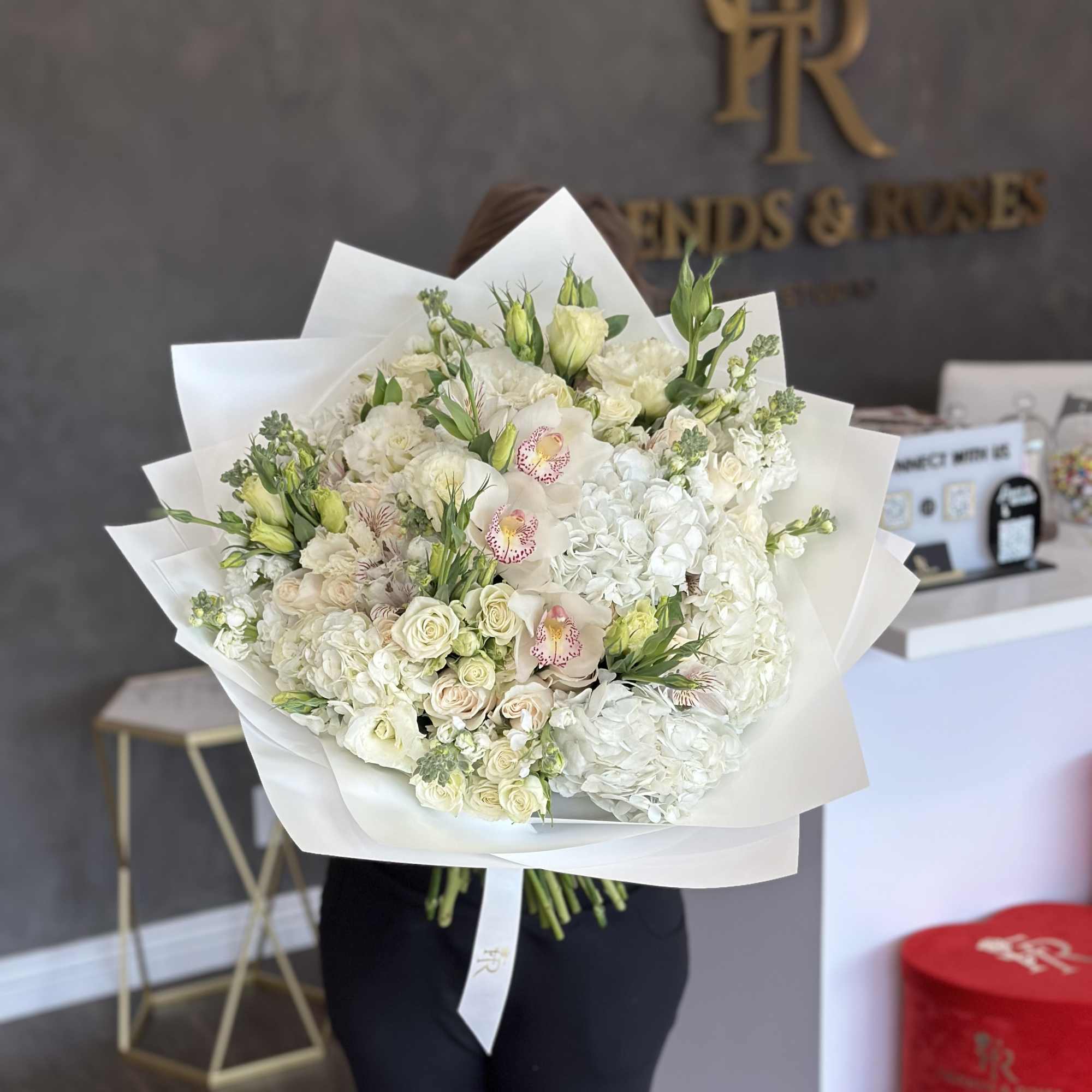 Large white bouquet with roses, hydrangeas, and orchids