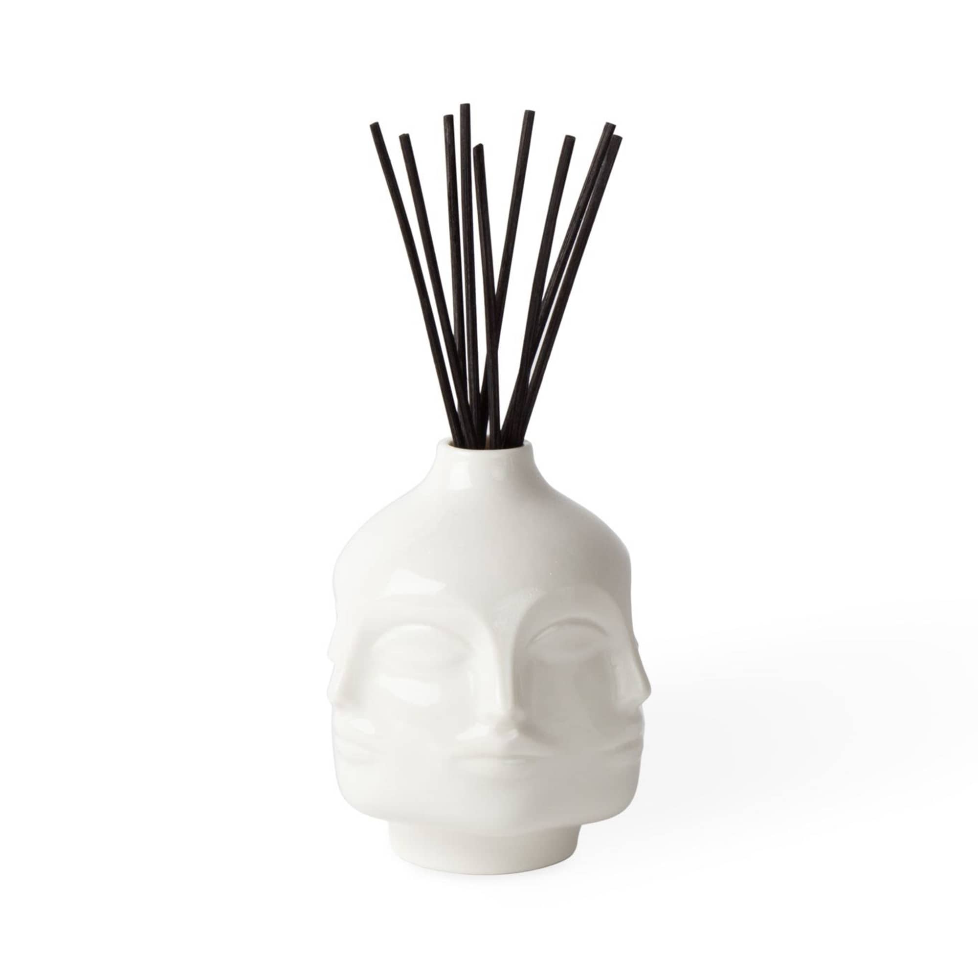 White sculptural vase with black reed sticks