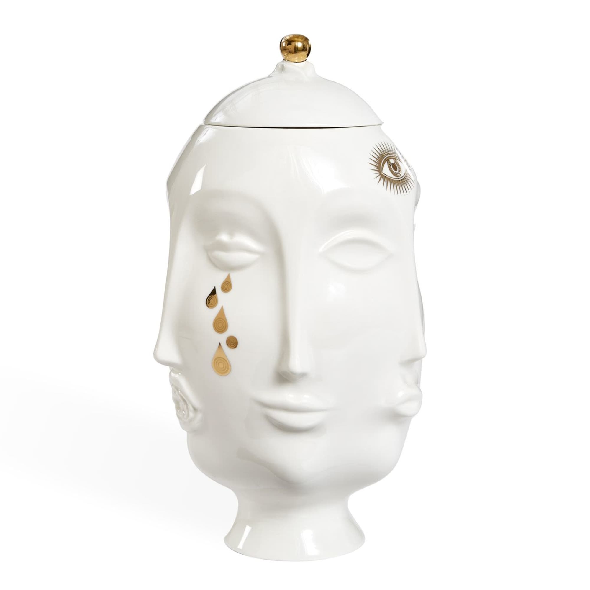 White ceramic face-shaped jar with gold accents and lid, photo 2 of 3