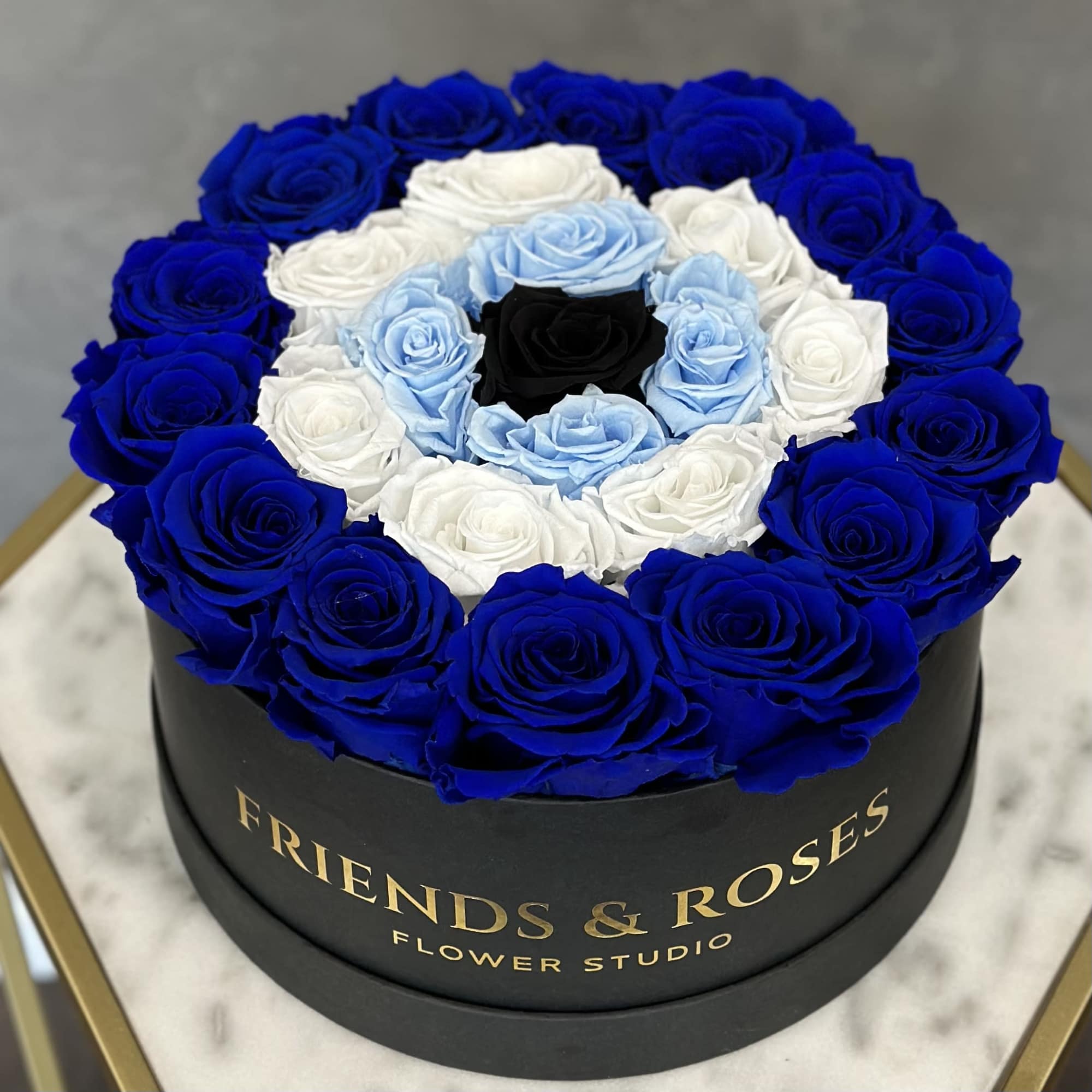 Round box of blue, white, light blue, and black roses, photo 3 of 3