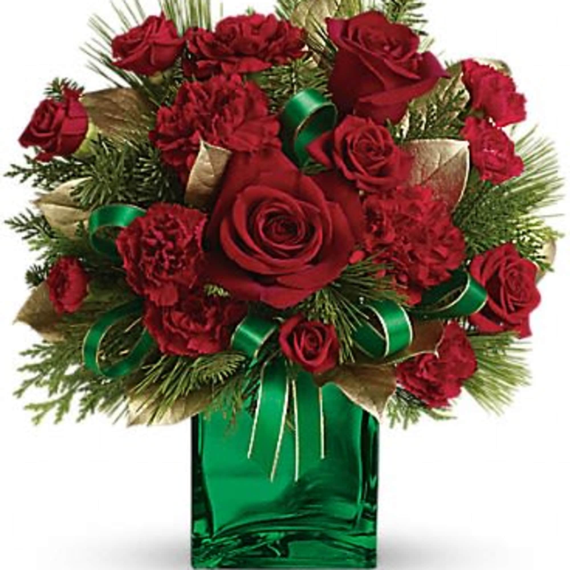 Red roses and carnations in a green glass vase with ribbon
