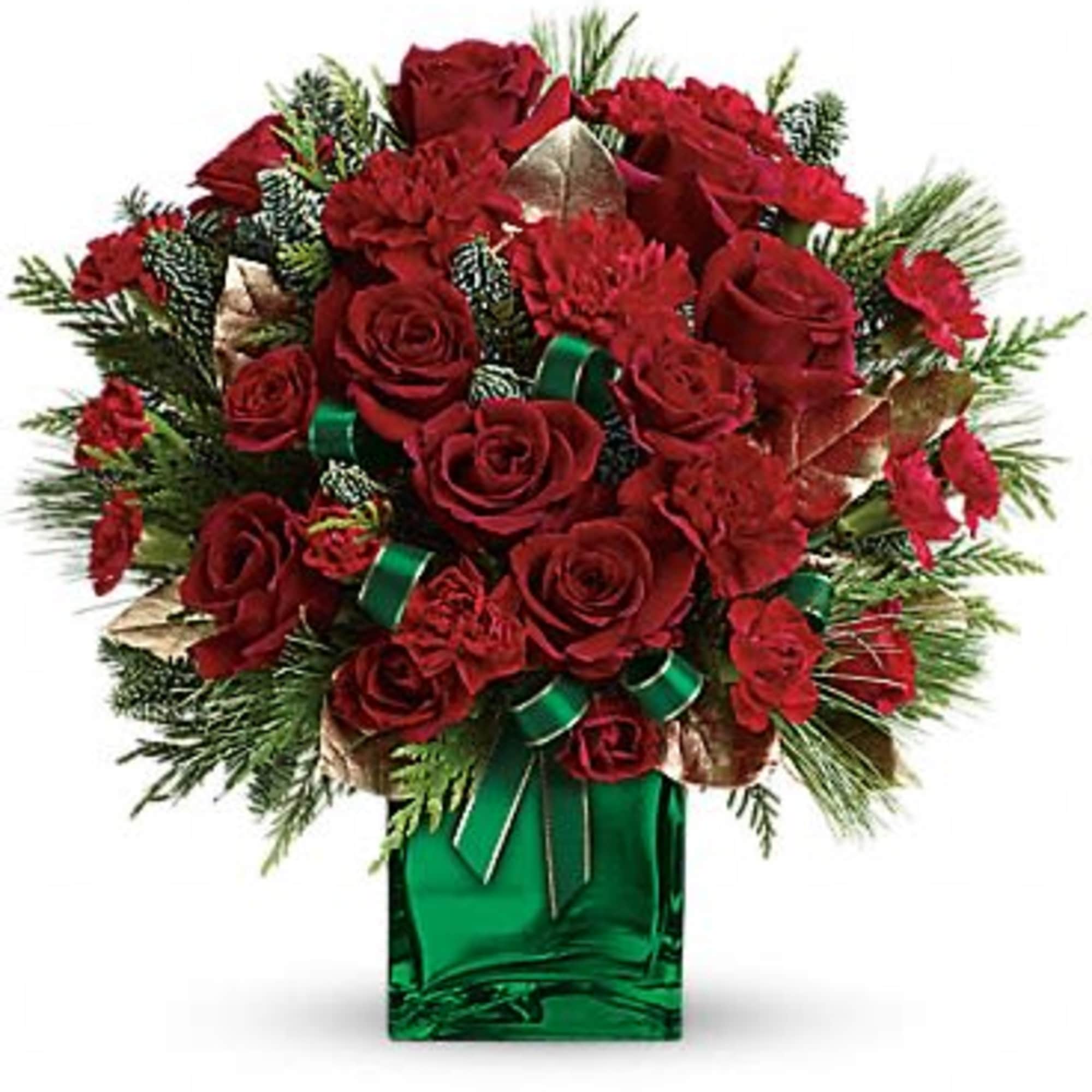 Red rose bouquet in a green glass vase