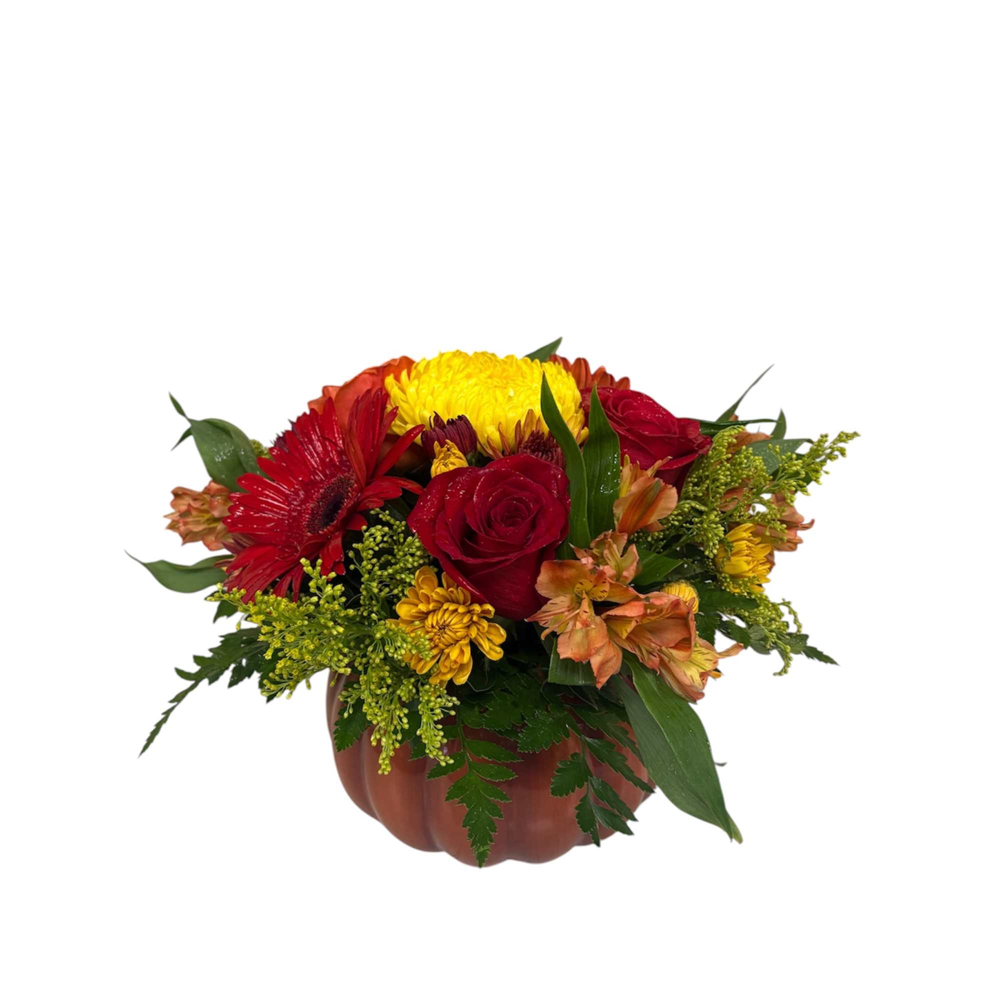 Mixed red and yellow flower arrangement in a pumpkin-shaped container
