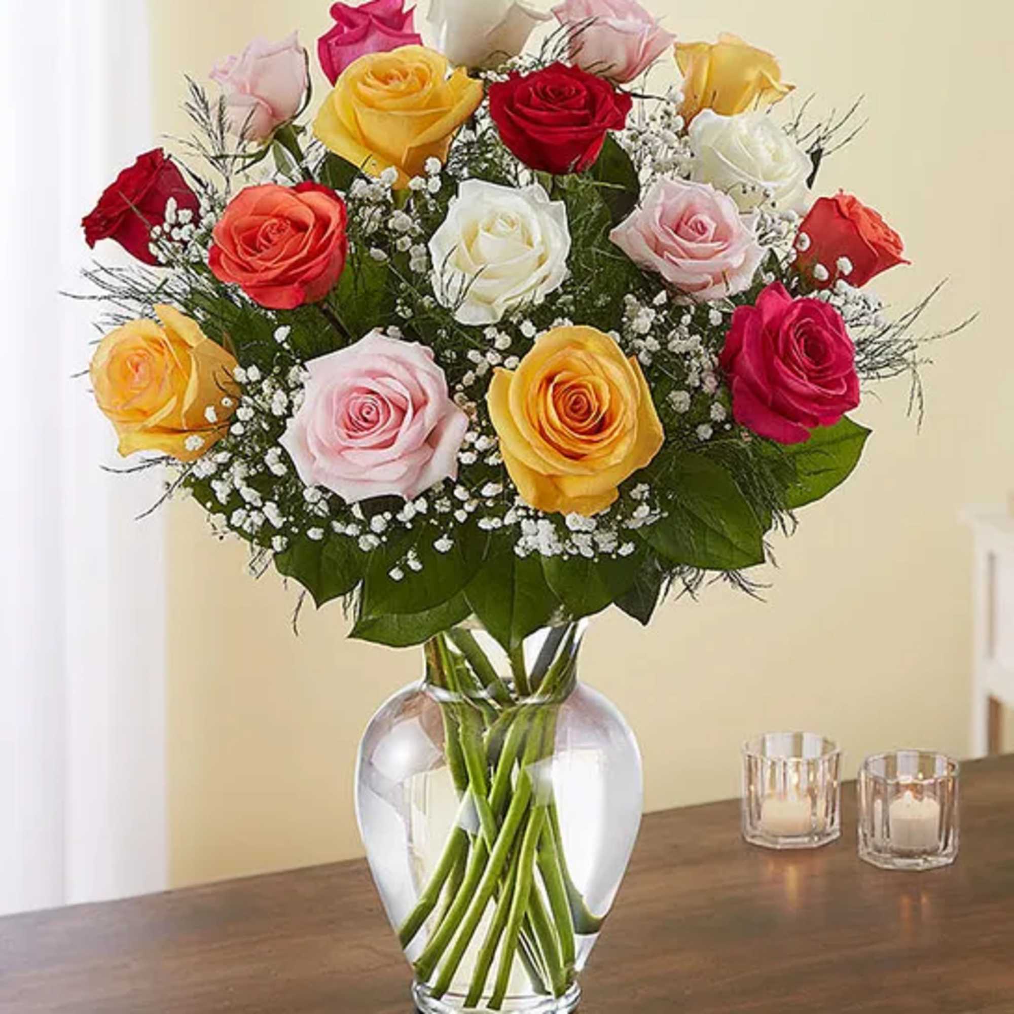 Mix Colors Roses, Gypsophila, Salal