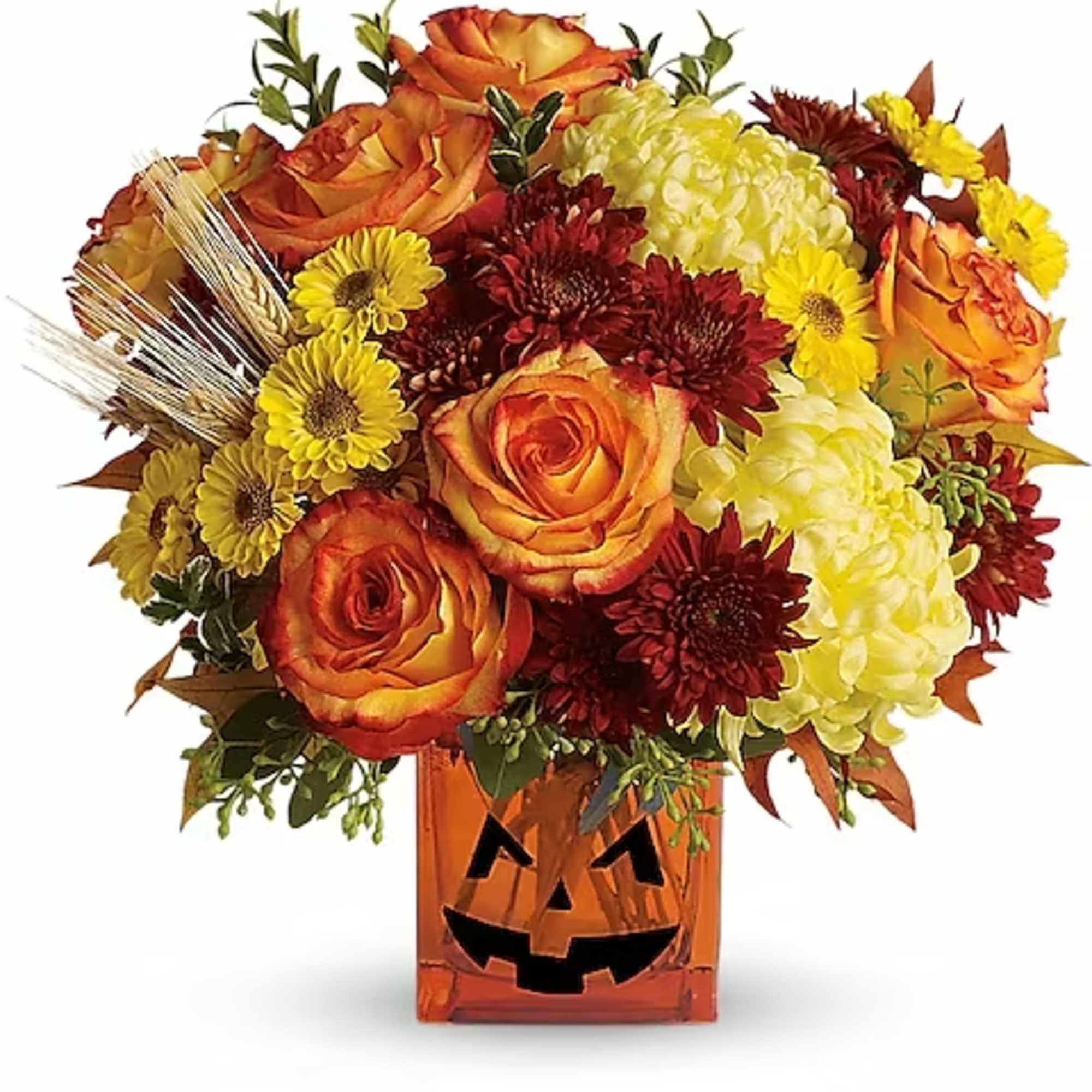 As colorful as Halloween candy! Yellow chrysanthemums are accented with bright orange