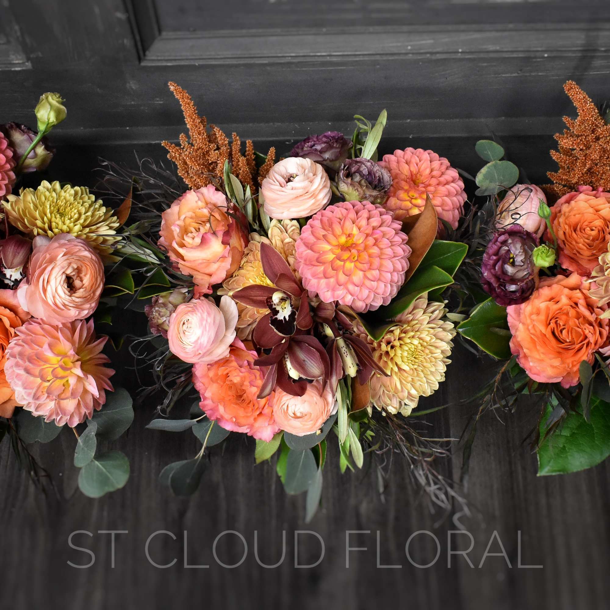 Three colorful floral bouquets with orange, pink, and yellow blooms