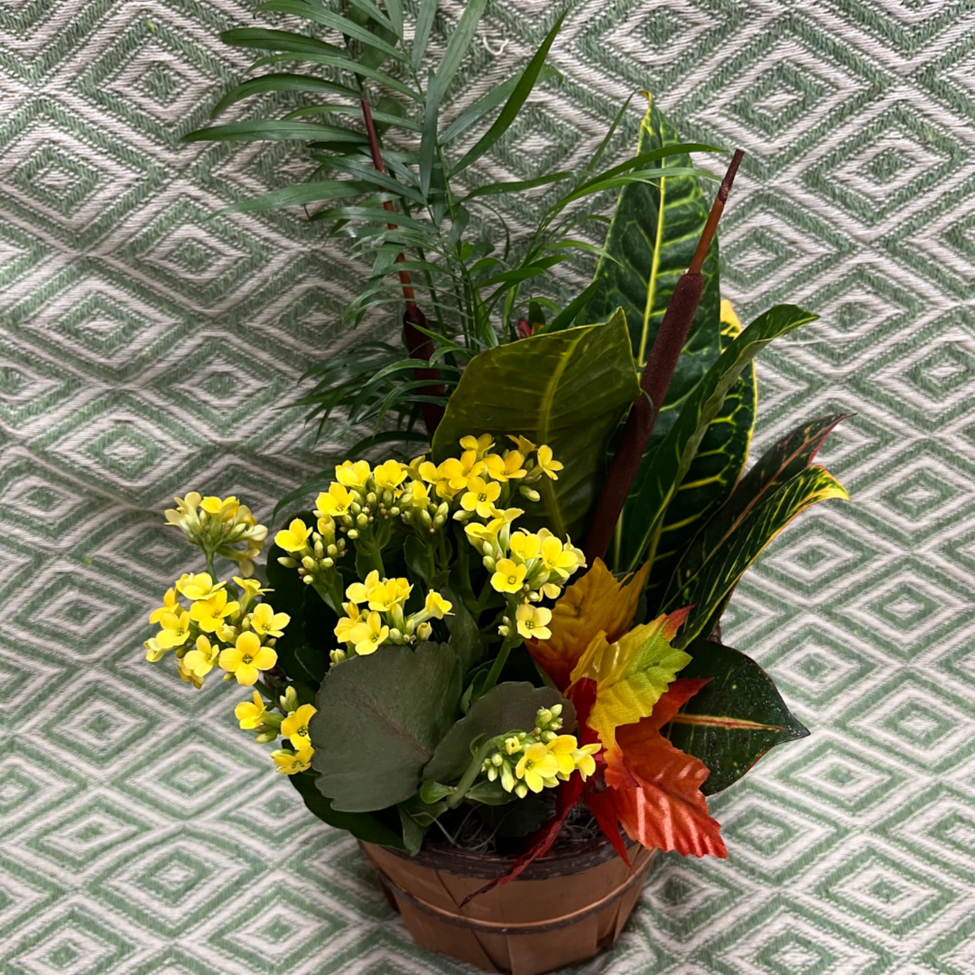 Potted arrangement with yellow flowers and tropical foliage in a basket