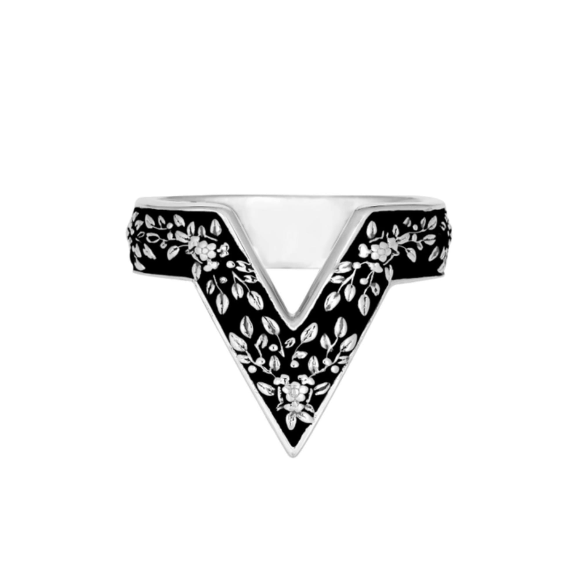 Black and silver V-shaped ring with floral engraving