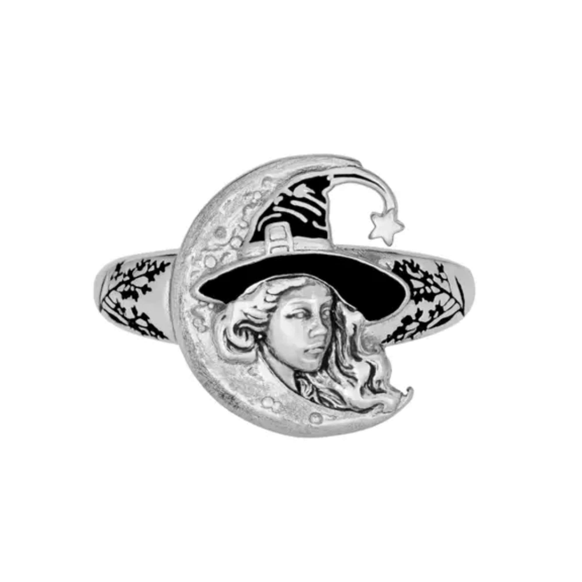 Silver ring with a witch and crescent moon design