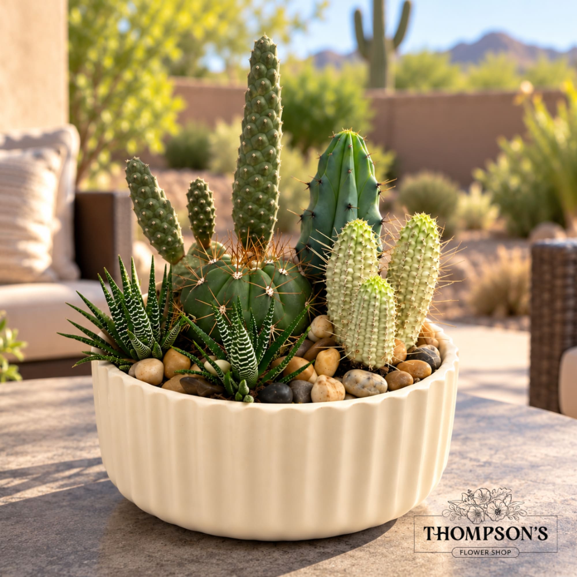 Potted cactus and succulent arrangement in a cream ceramic bowl