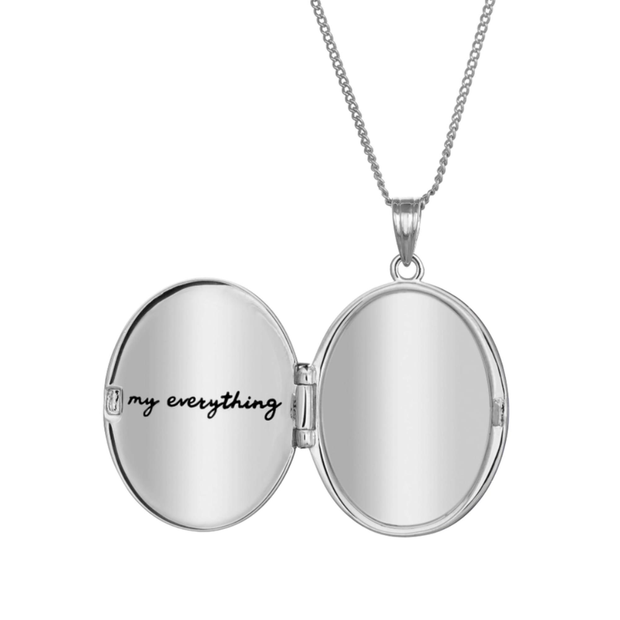 Silver locket necklace with "my everything" text