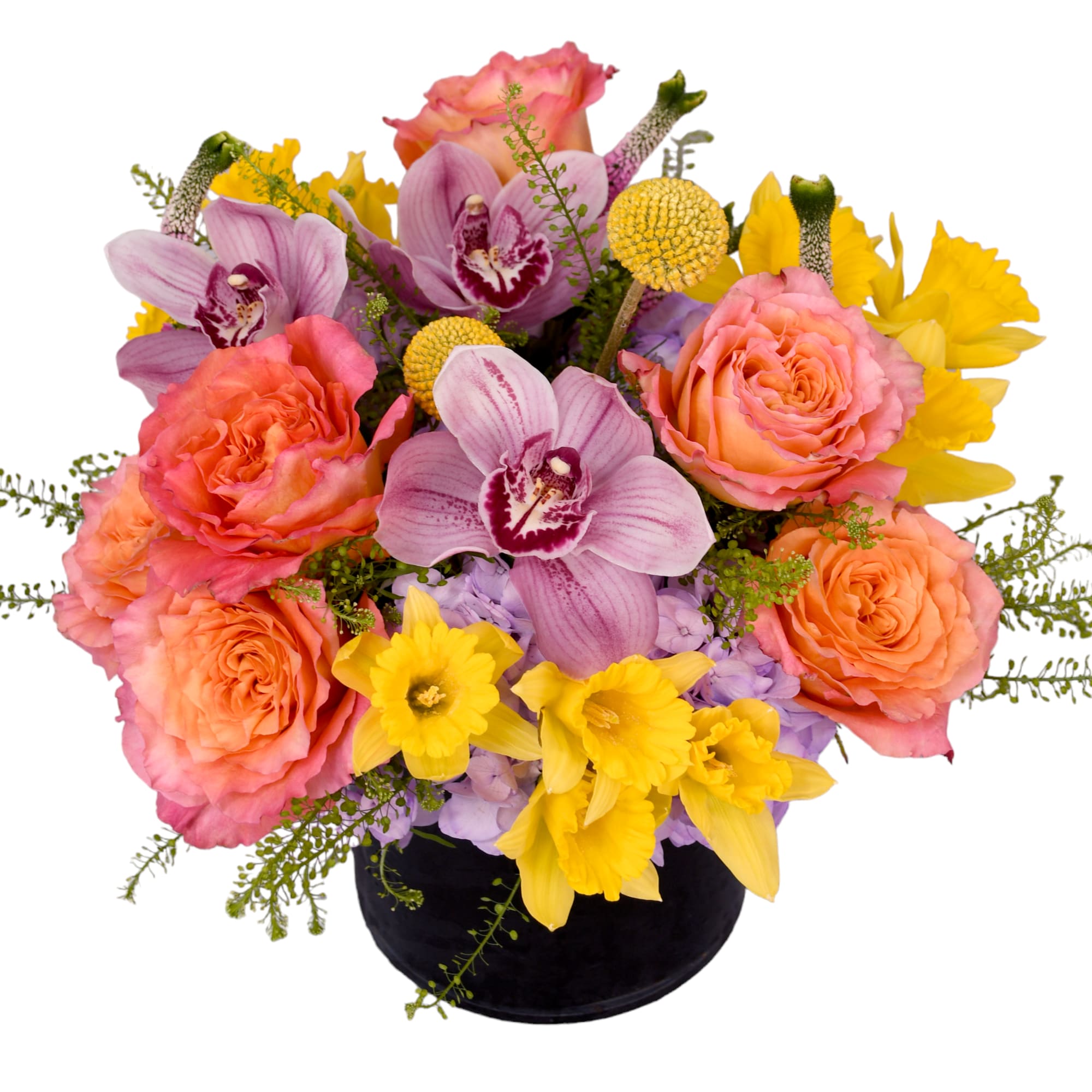 Bouquet of pink roses, purple orchids, and yellow daffodils in a black vase