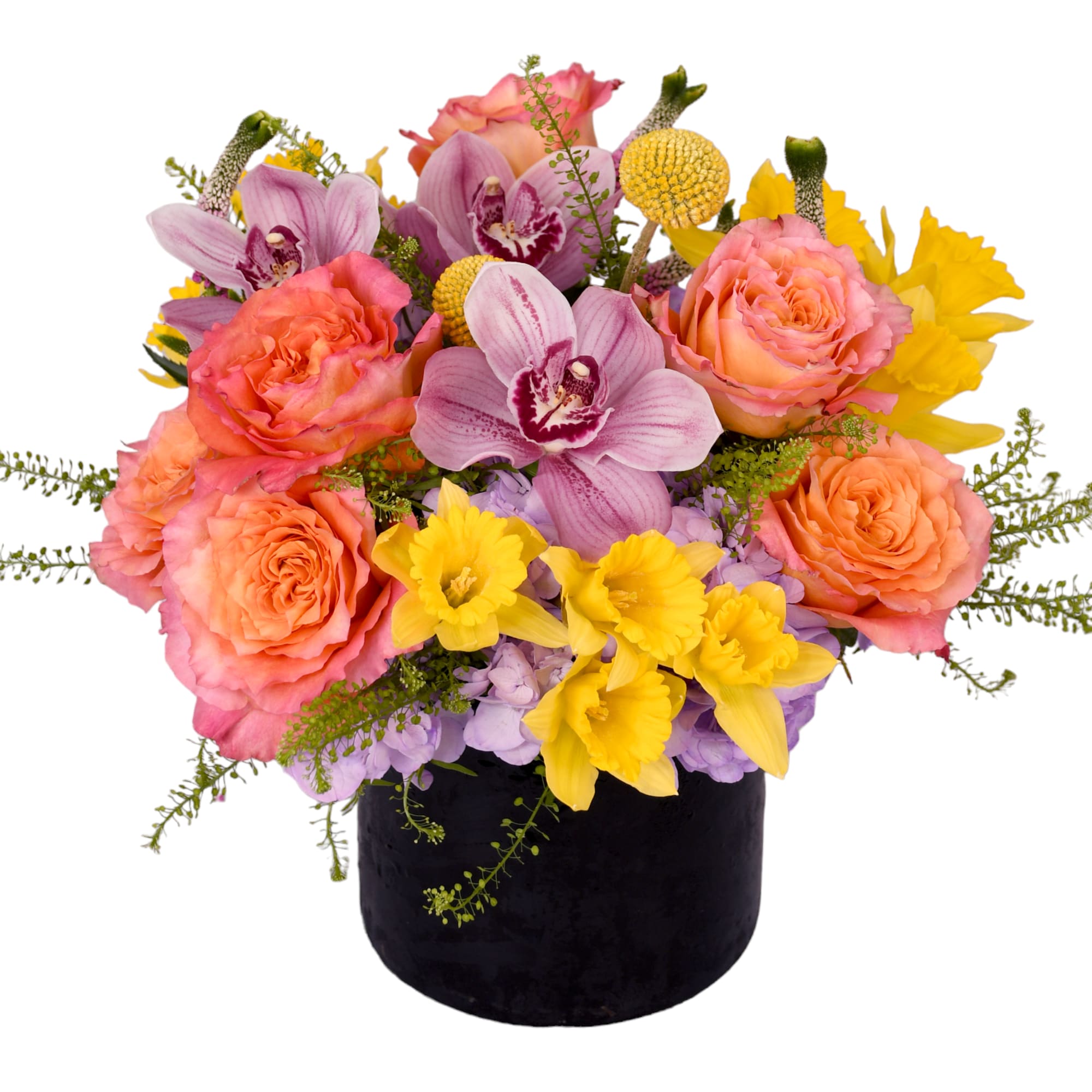 Mixed bouquet of pink roses, orchids, and yellow flowers in a black vase
