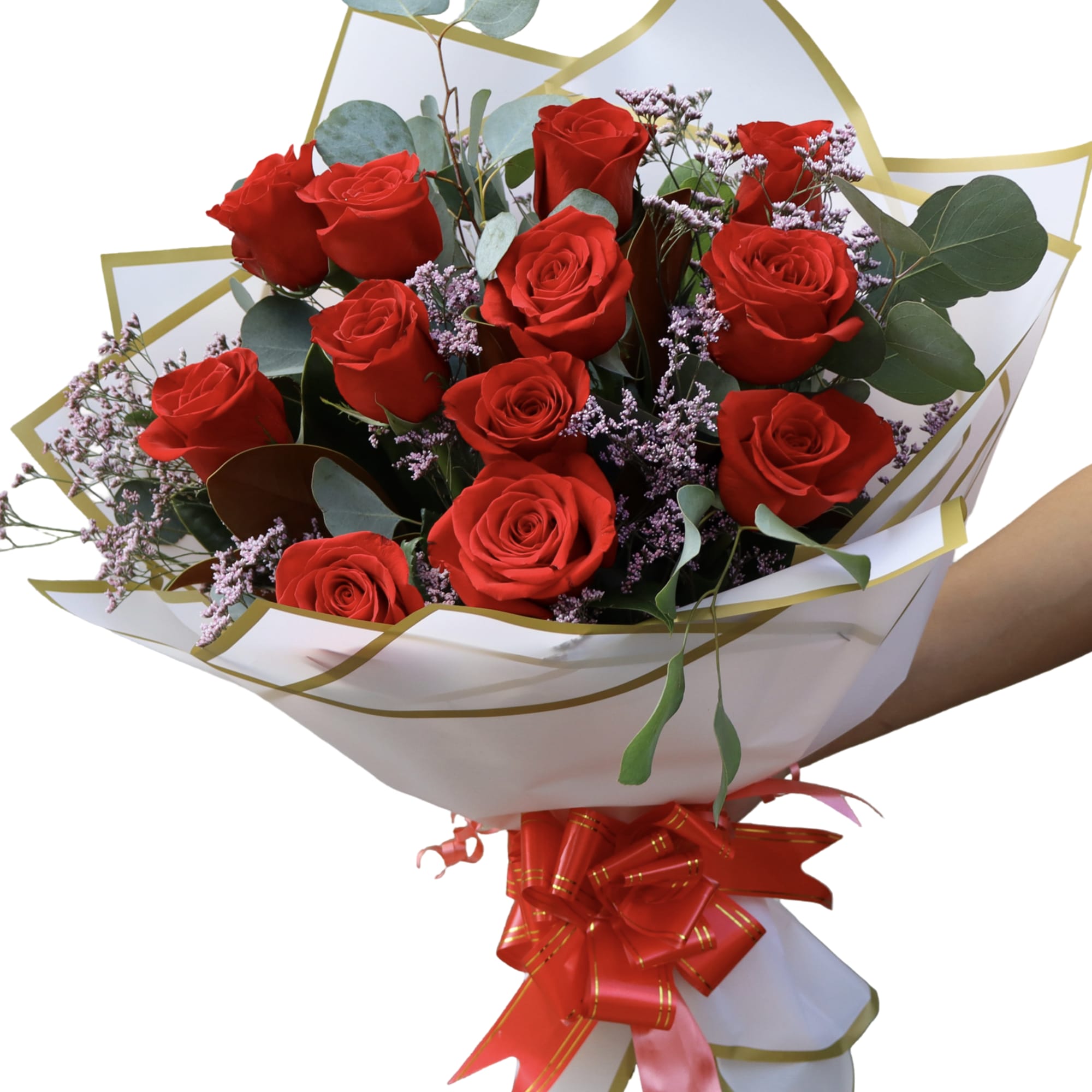 Bouquet of red roses with purple filler and white-gold wrapping