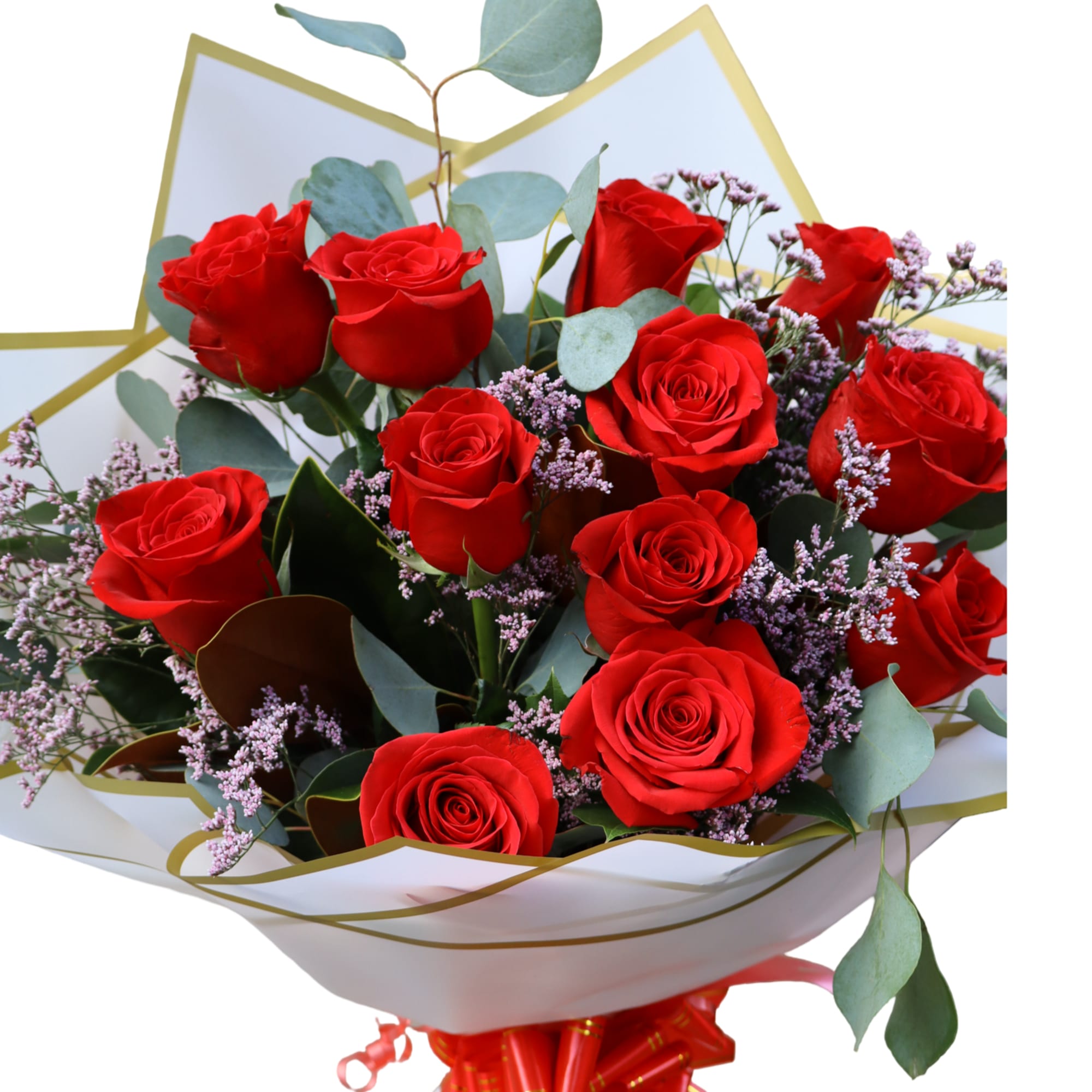 Bouquet of red roses with eucalyptus and purple filler flowers