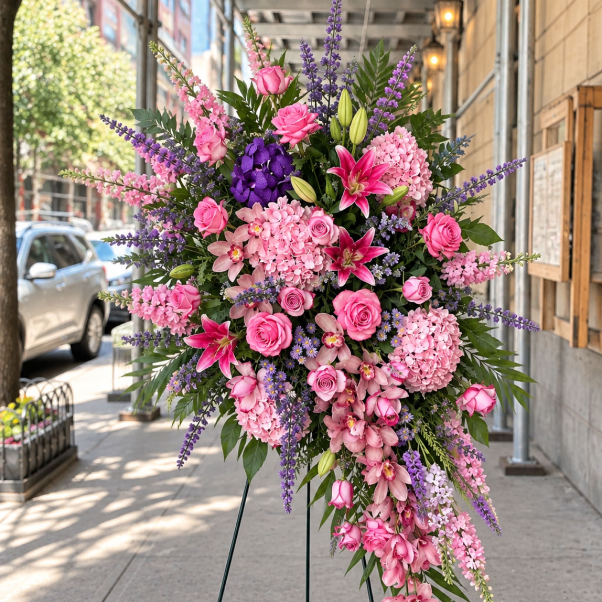 Large pink and purple floral standing arrangement on an easel