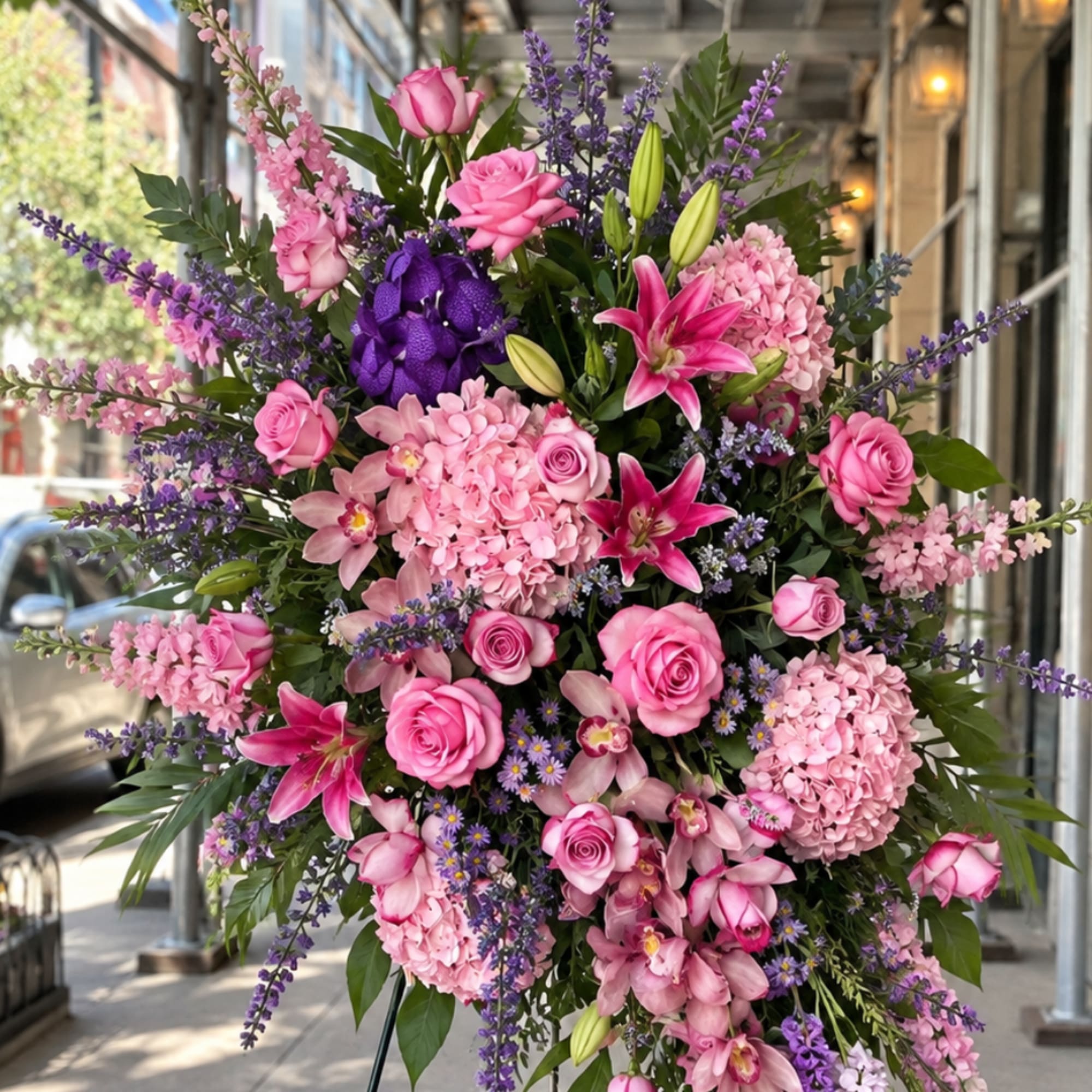 Large pink and purple floral standing arrangement with roses and lilies