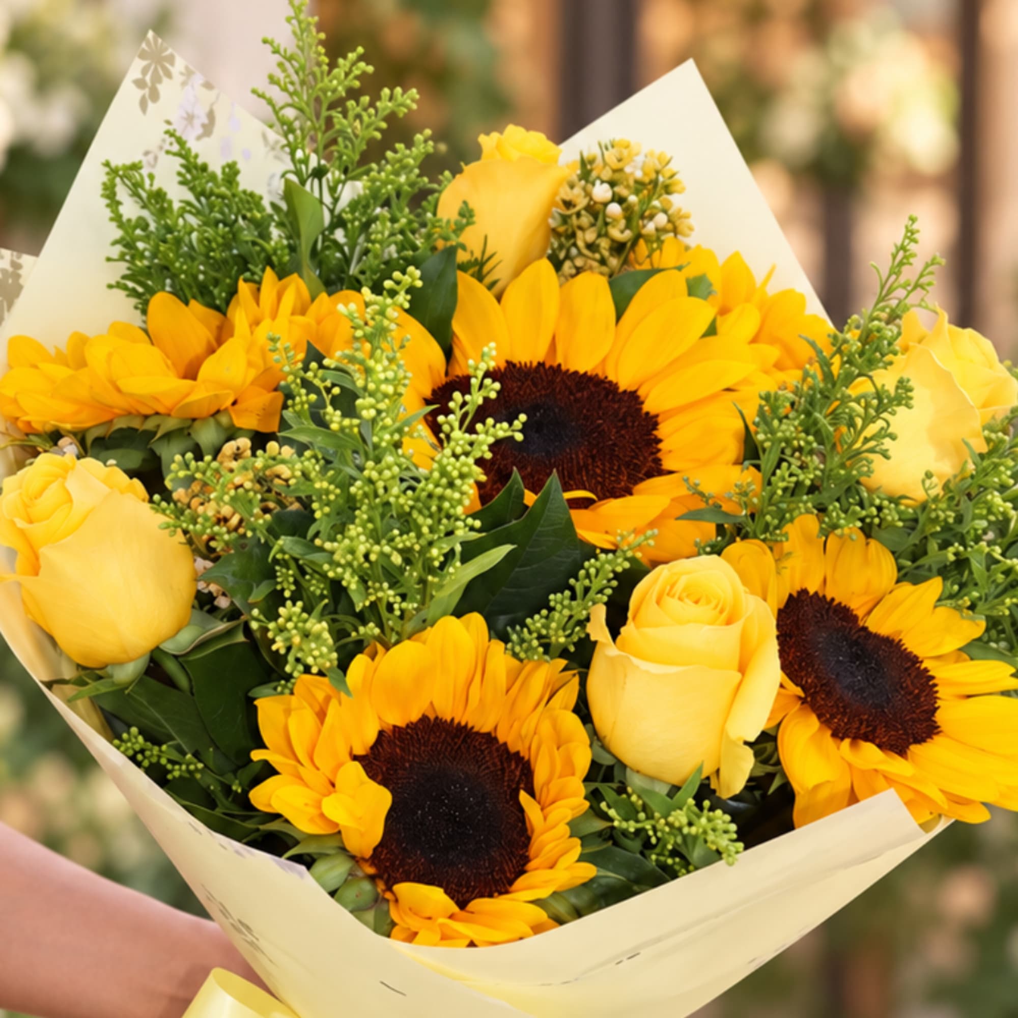 Bouquet of yellow sunflowers and roses wrapped in cream paper