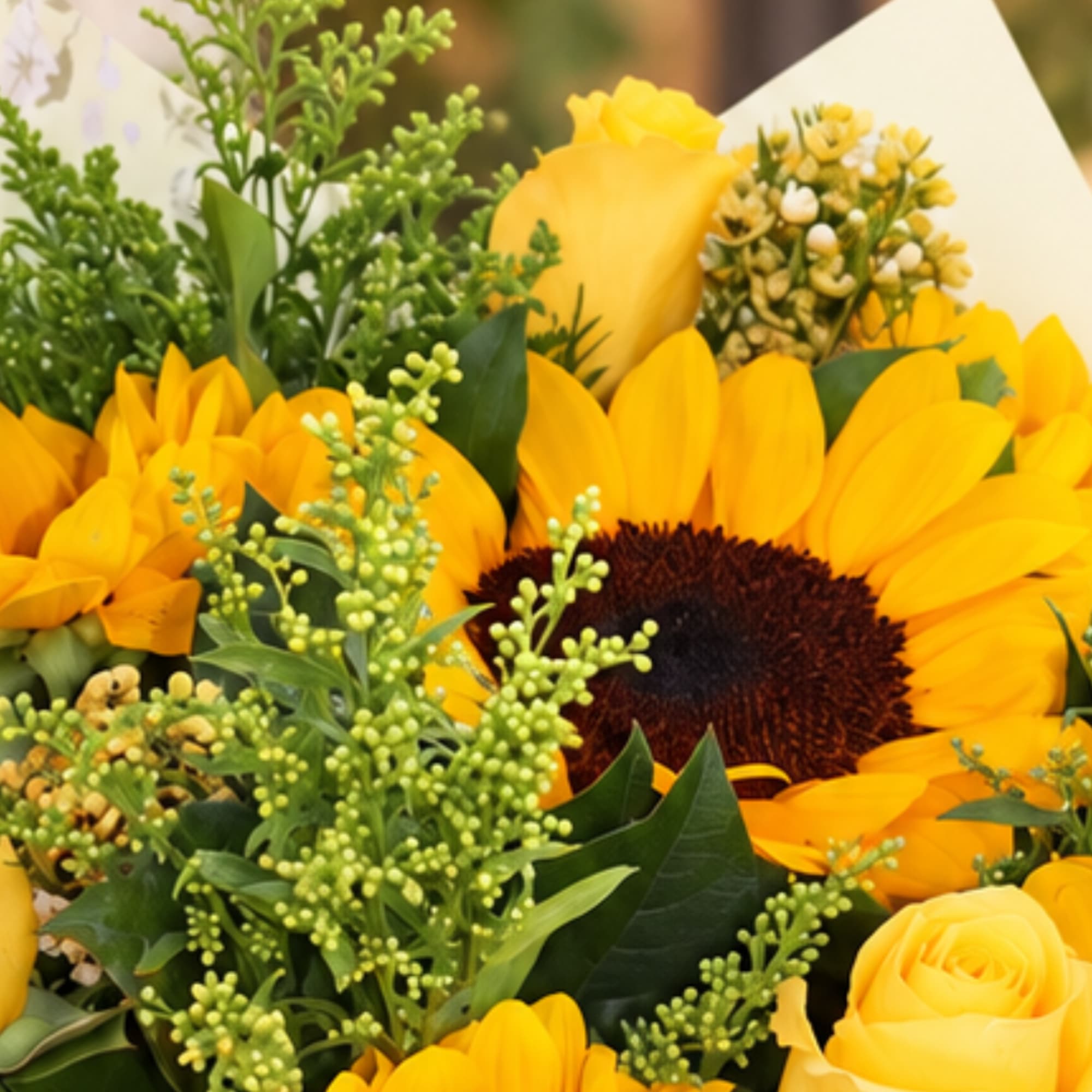 Bouquet of yellow sunflowers and roses with green filler