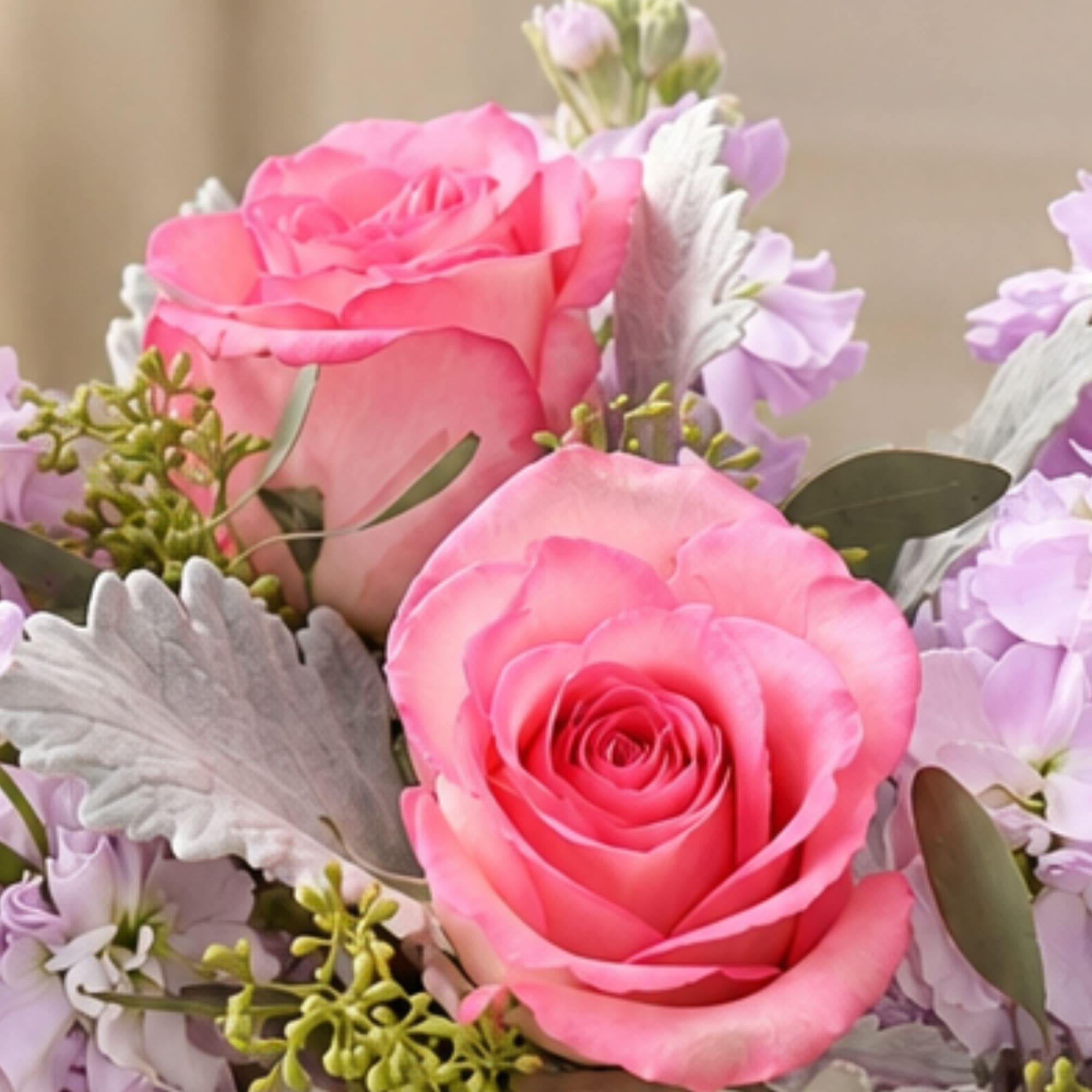 Pink roses with lavender flowers and silver foliage in a bouquet