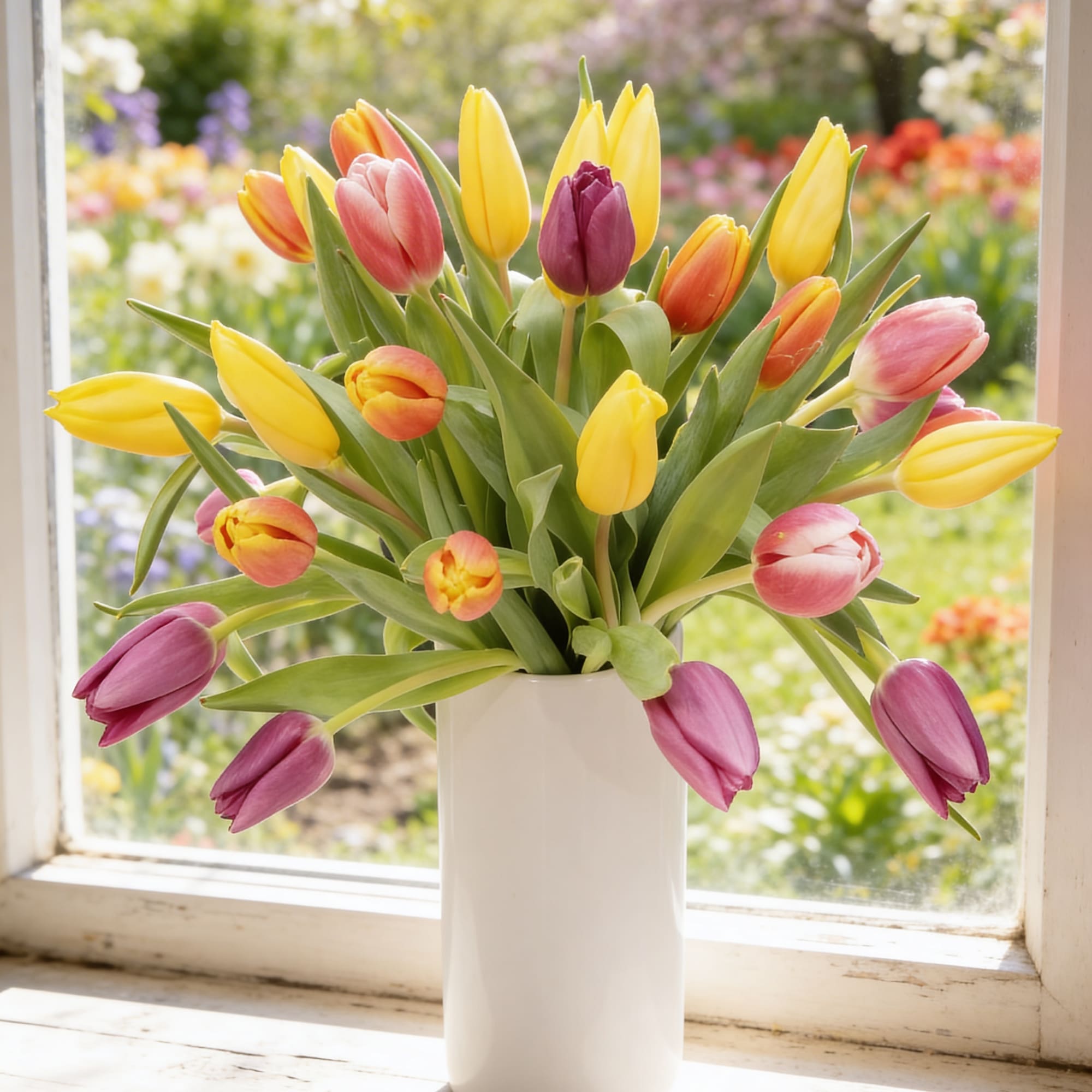A lively cascade of yellow, pink, orange and soft purple tulips creates, photo 3 of 4
