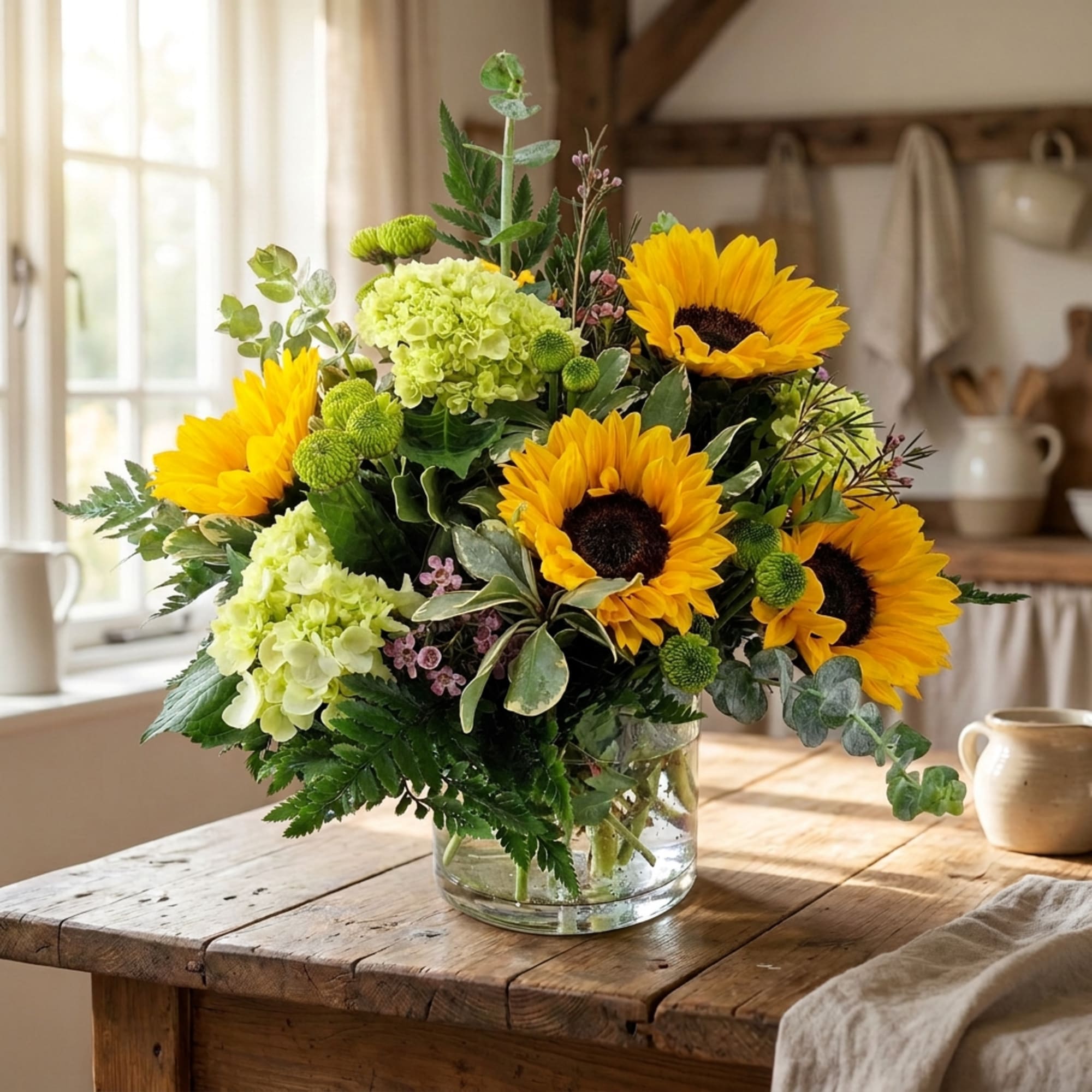 Sunflower and green hydrangea arrangement in a clear glass vase