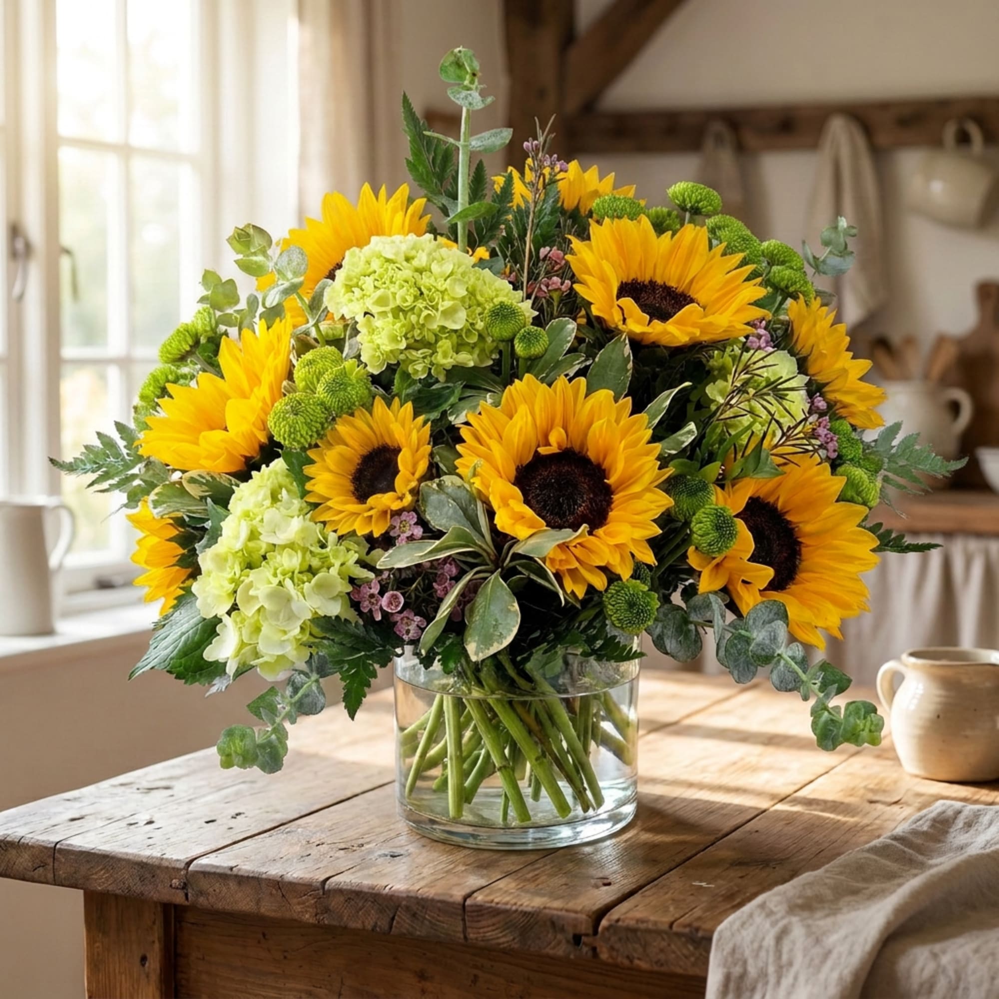 Sunflower and hydrangea arrangement in a clear glass vase