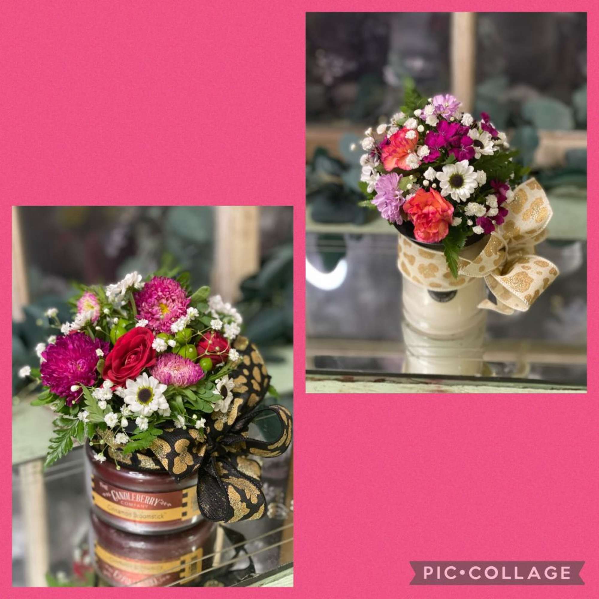 Two small floral arrangements in candle jars with decorative bows